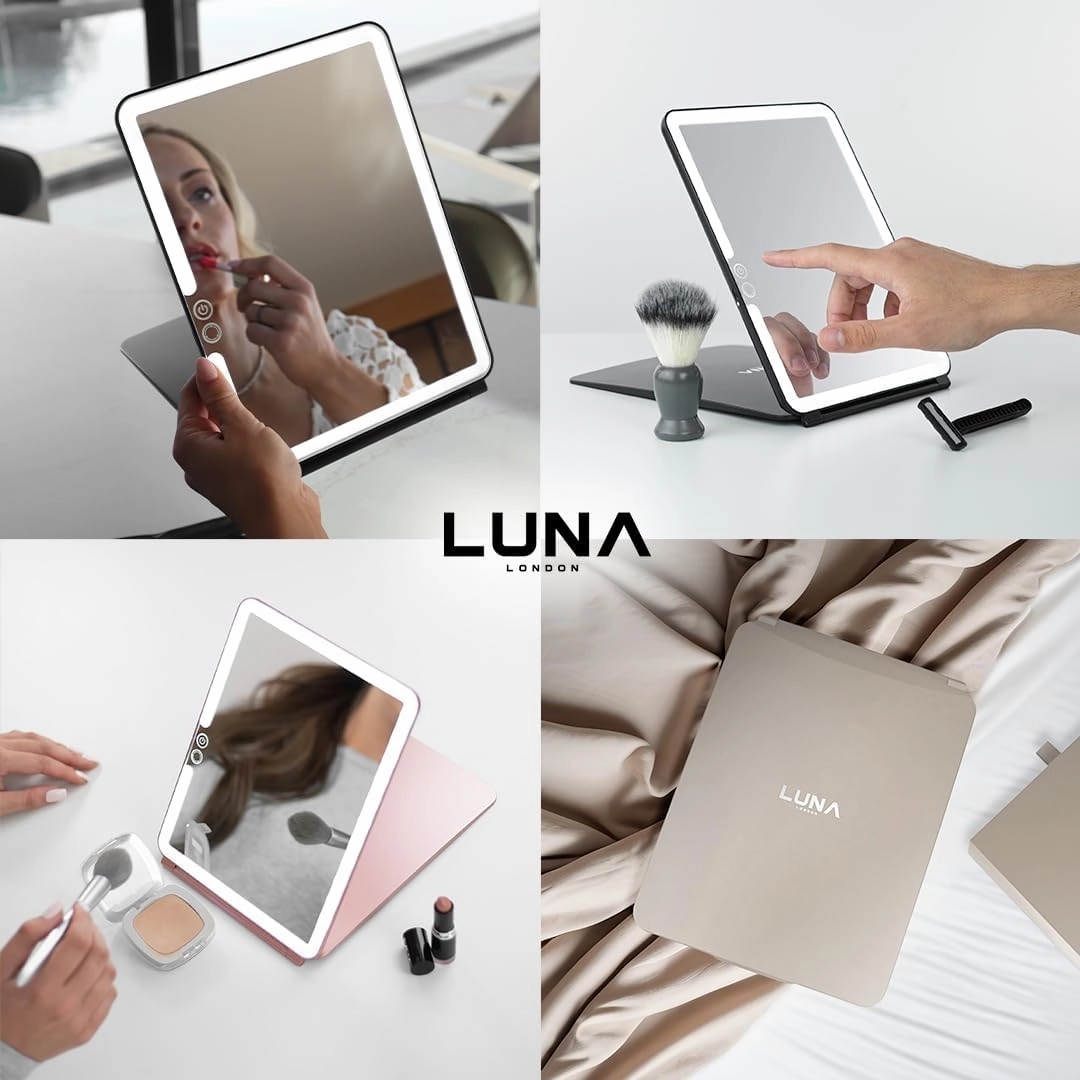 Eclipse LED Lighted Travel Vanity Makeup Mirror | 3 Colour Light, Compact, Portable, Lighted, Rechargeable, Illuminated Mirror | Perfect for Travel, Makeup & Beauty Needs | Soft Stone