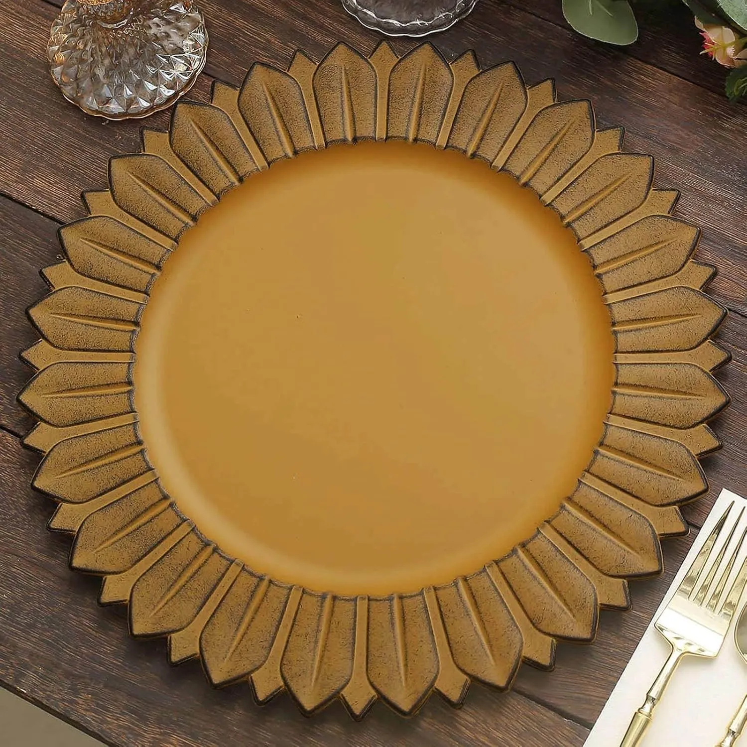 Efavormart 12-Pack Plastic Charger Plates 13" Round Mustard Yellow with Sunflower Rim - Matte Finish Disposable Dinner Charger Tableware