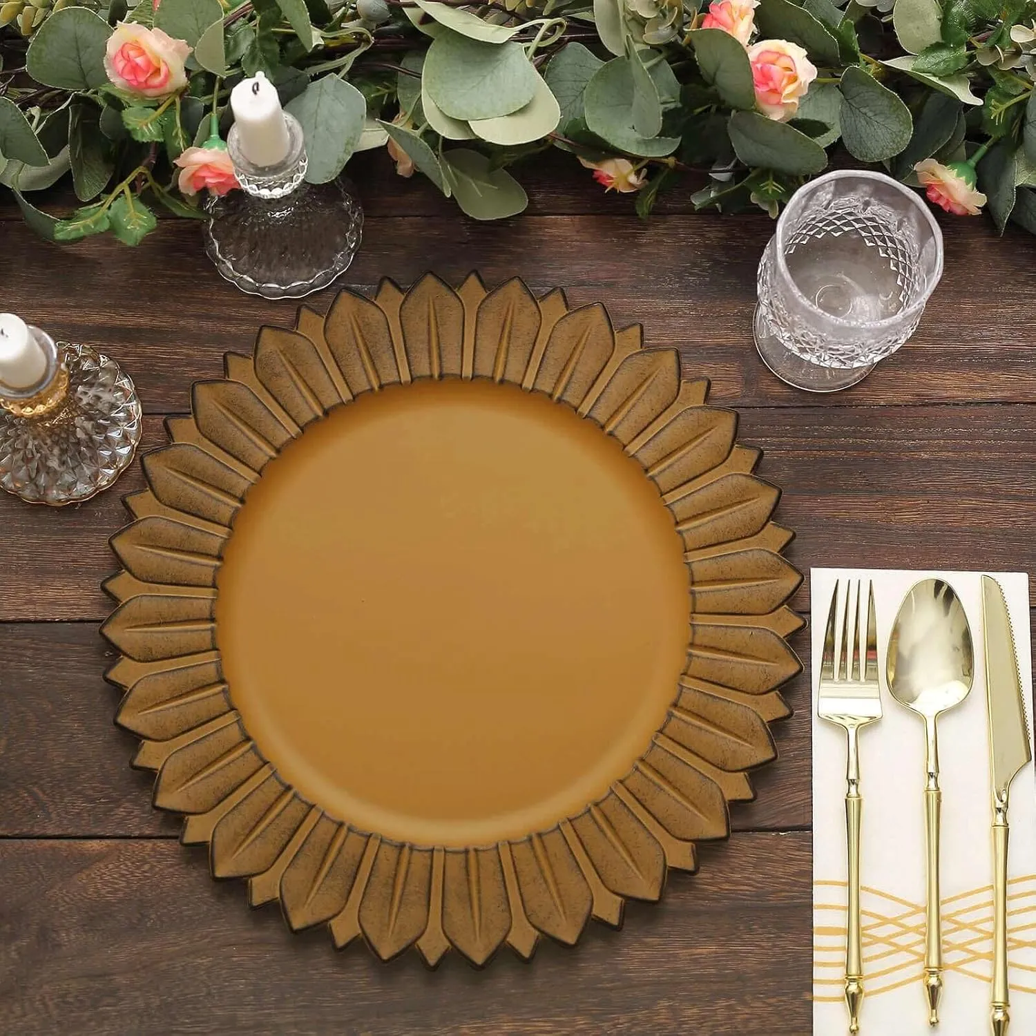 Efavormart 12-Pack Plastic Charger Plates 13" Round Mustard Yellow with Sunflower Rim - Matte Finish Disposable Dinner Charger Tableware