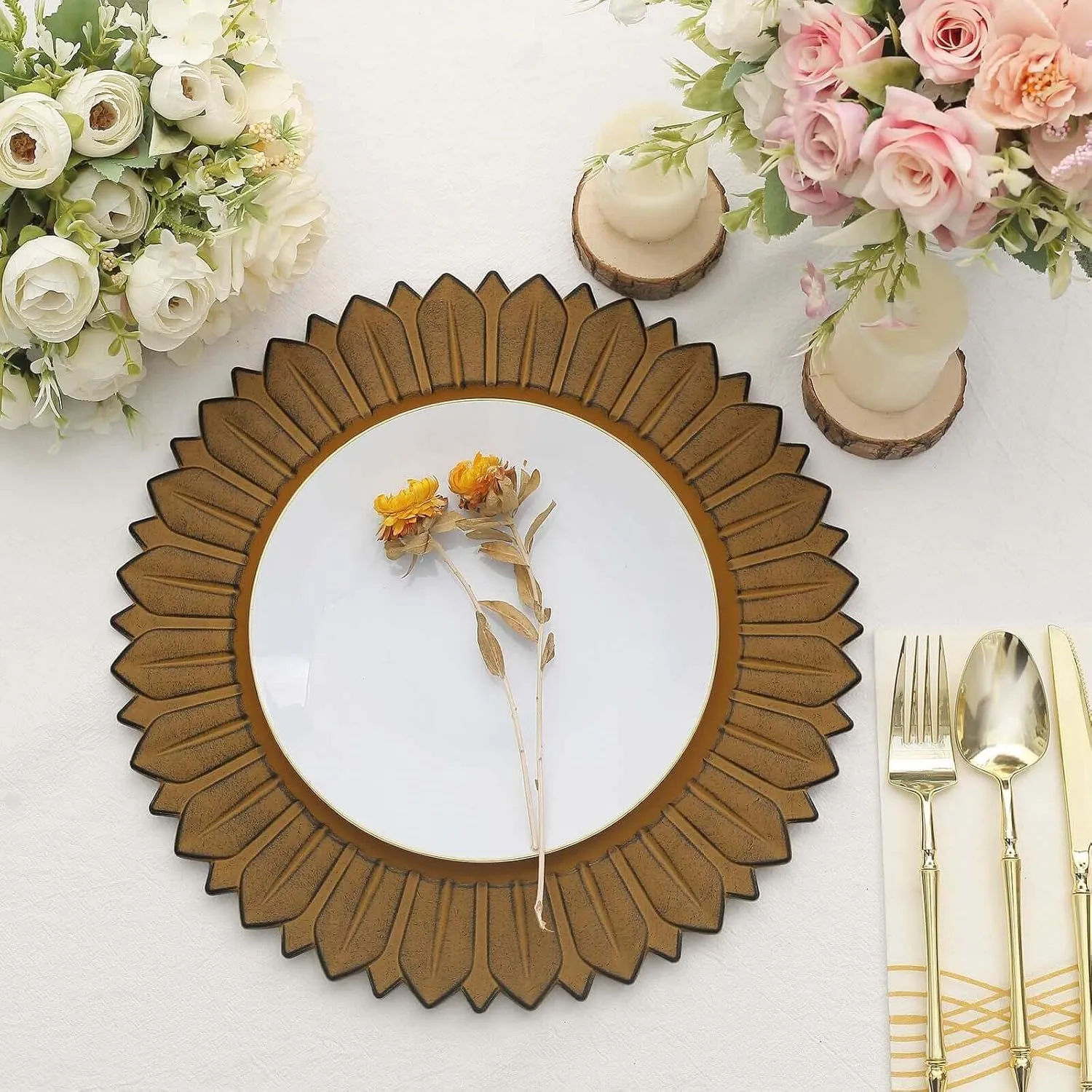 Efavormart 12-Pack Plastic Charger Plates 13" Round Mustard Yellow with Sunflower Rim - Matte Finish Disposable Dinner Charger Tableware