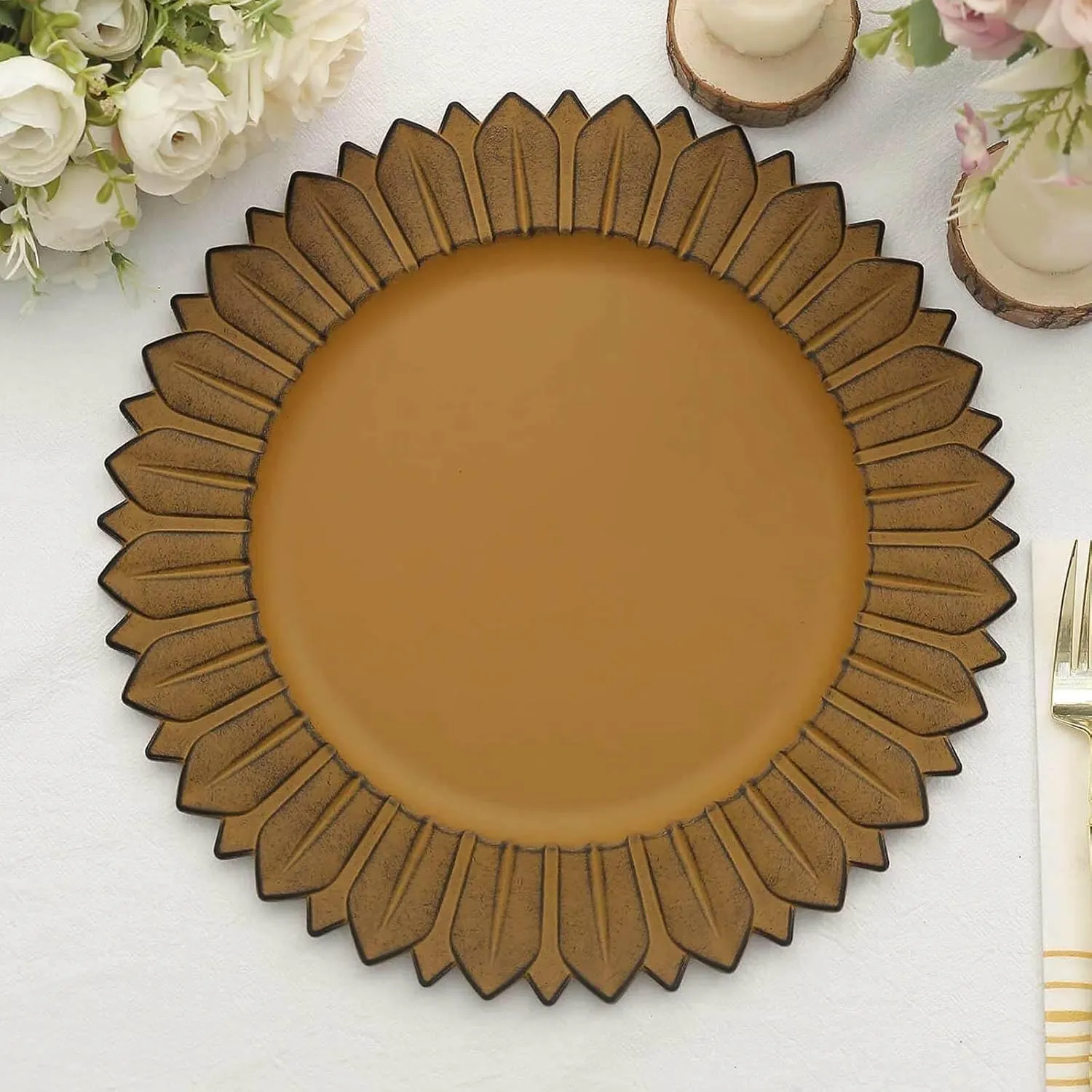 Efavormart 12-Pack Plastic Charger Plates 13" Round Mustard Yellow with Sunflower Rim - Matte Finish Disposable Dinner Charger Tableware
