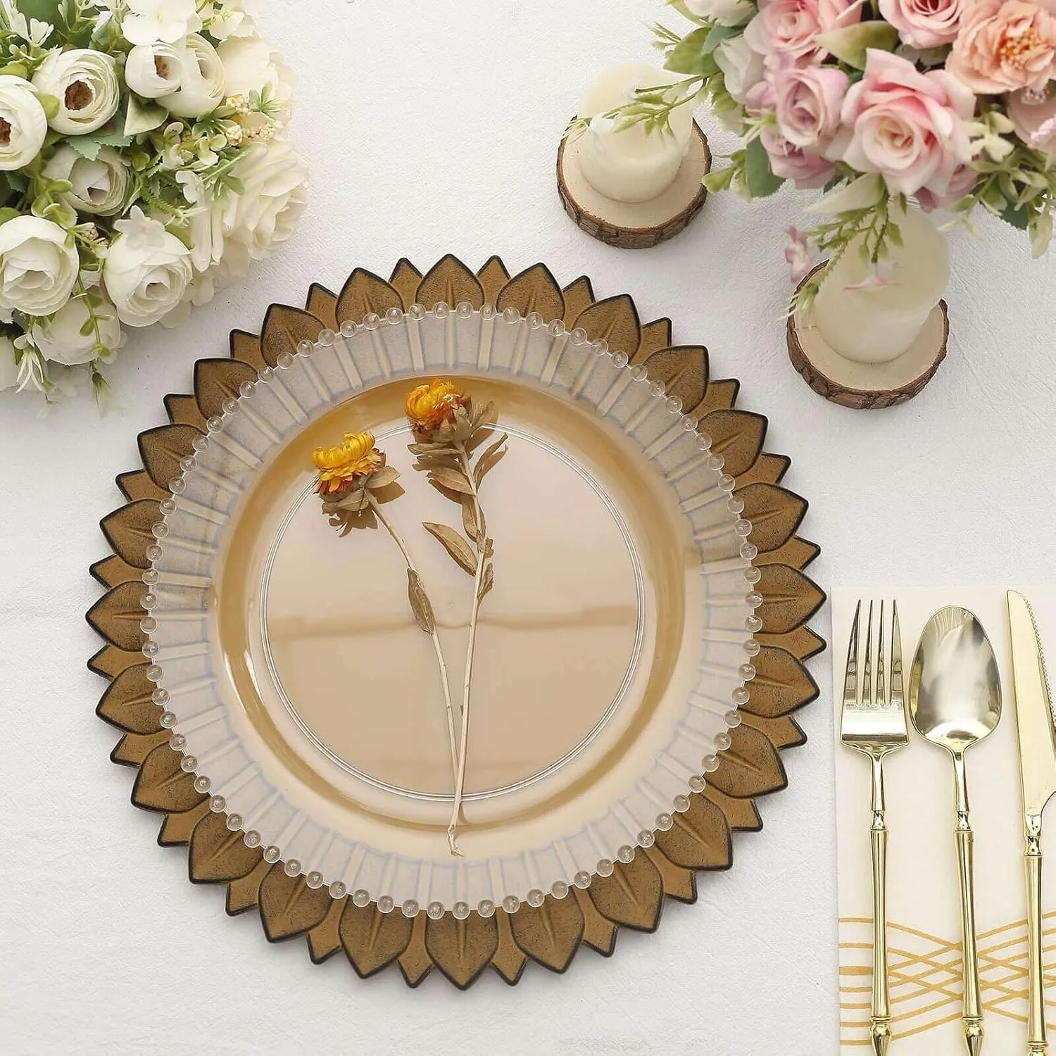 Efavormart 12-Pack Plastic Charger Plates 13" Round Mustard Yellow with Sunflower Rim - Matte Finish Disposable Dinner Charger Tableware