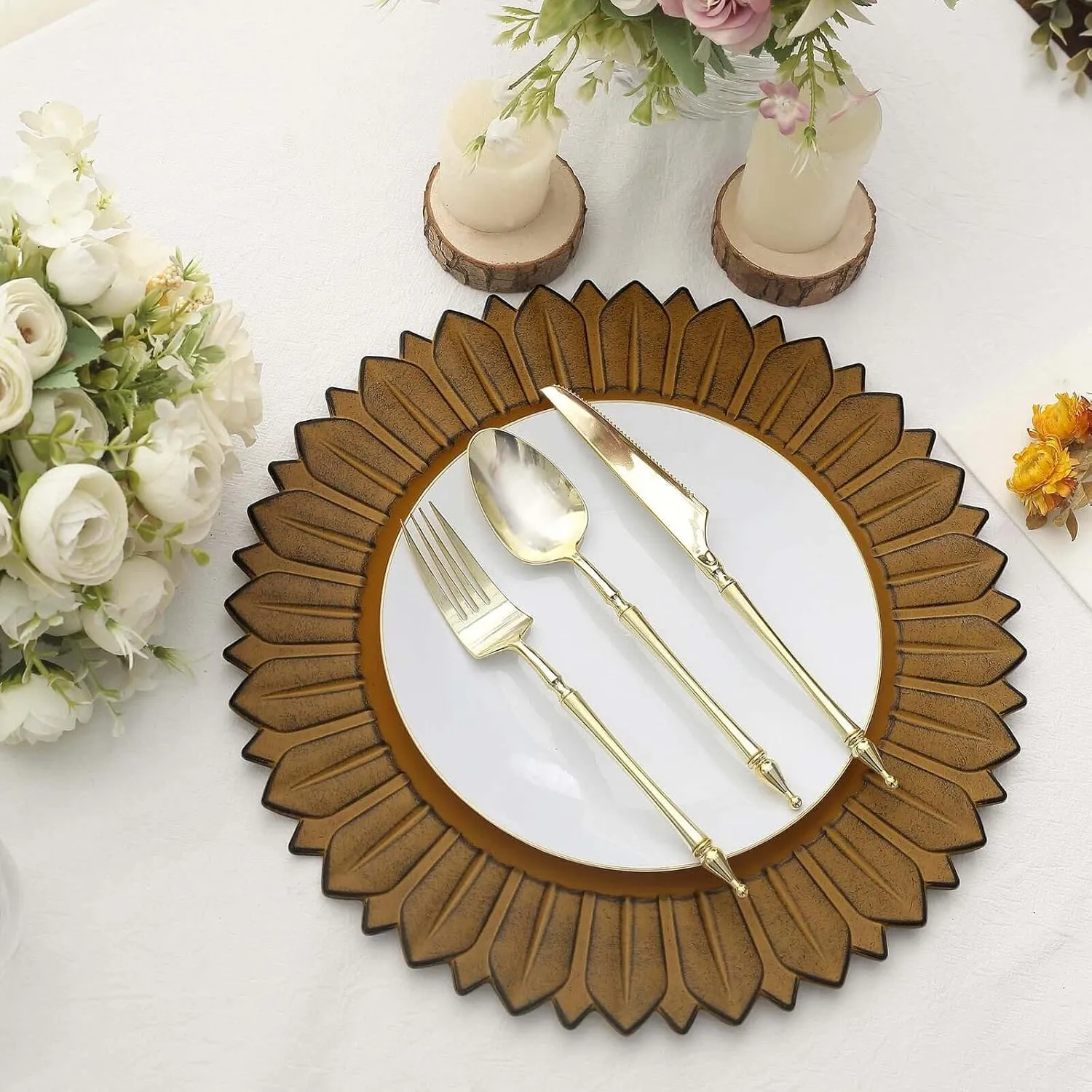 Efavormart 12-Pack Plastic Charger Plates 13" Round Mustard Yellow with Sunflower Rim - Matte Finish Disposable Dinner Charger Tableware