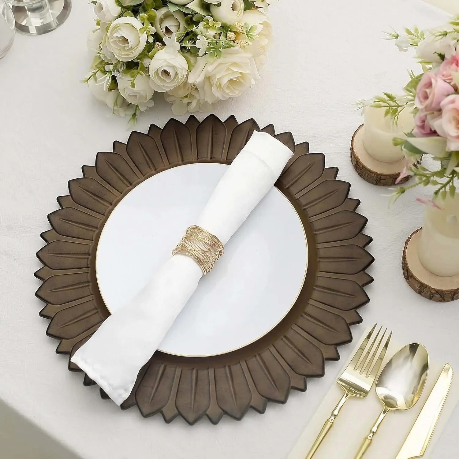Efavormart 12-Pack Plastic Charger Plates 13" Round Natural with Sunflower Rim - Matte Finish Disposable Dinner Charger Tableware
