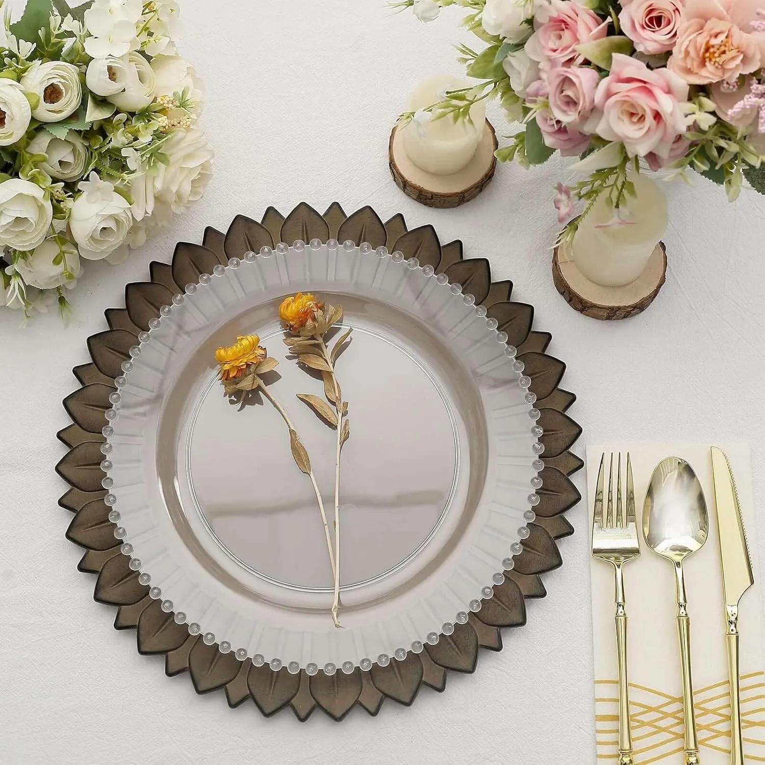 Efavormart 12-Pack Plastic Charger Plates 13" Round Natural with Sunflower Rim - Matte Finish Disposable Dinner Charger Tableware