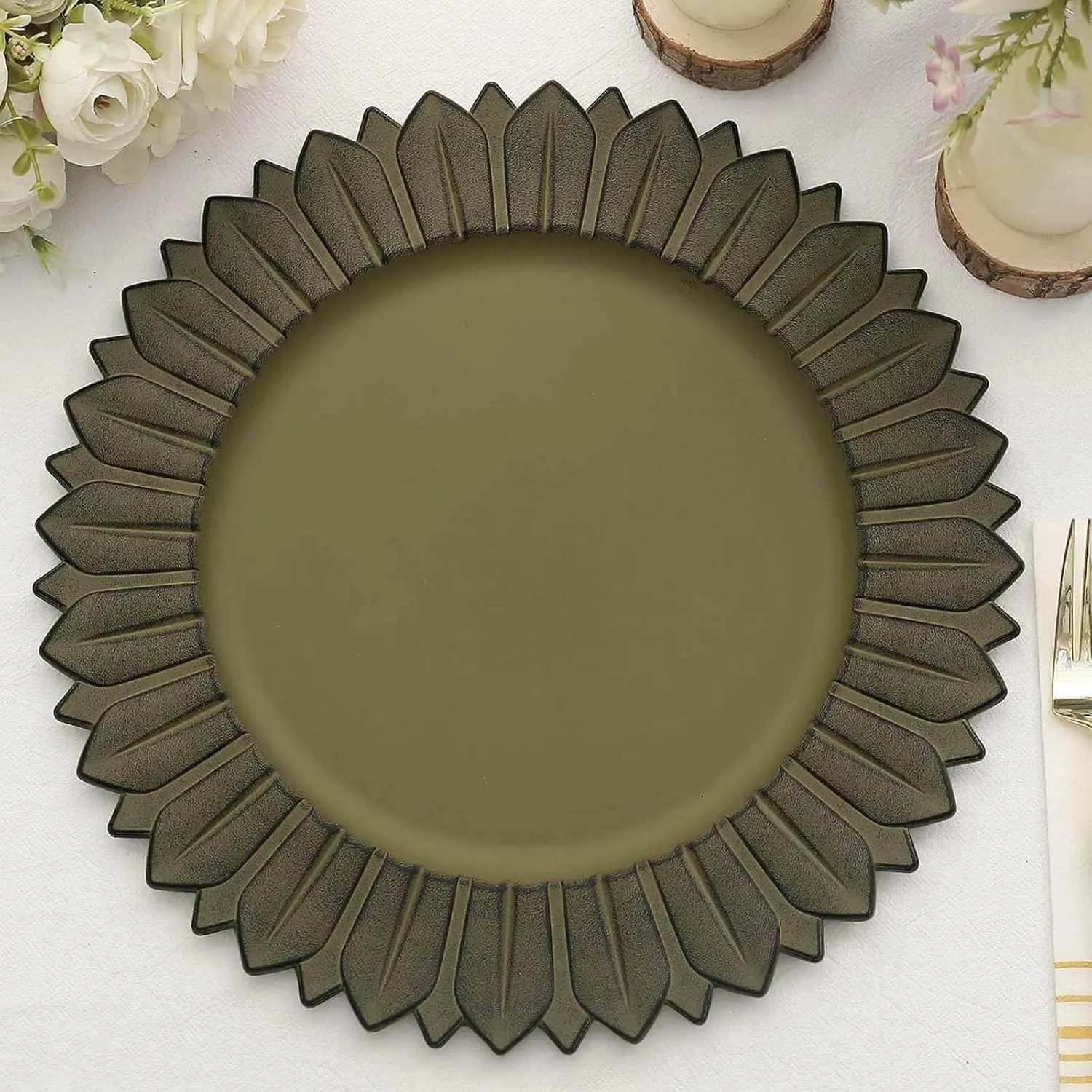 Efavormart 12-Pack Plastic Charger Plates 13" Round Olive Green with Sunflower Rim - Matte Finish Disposable Dinner Charger Tableware