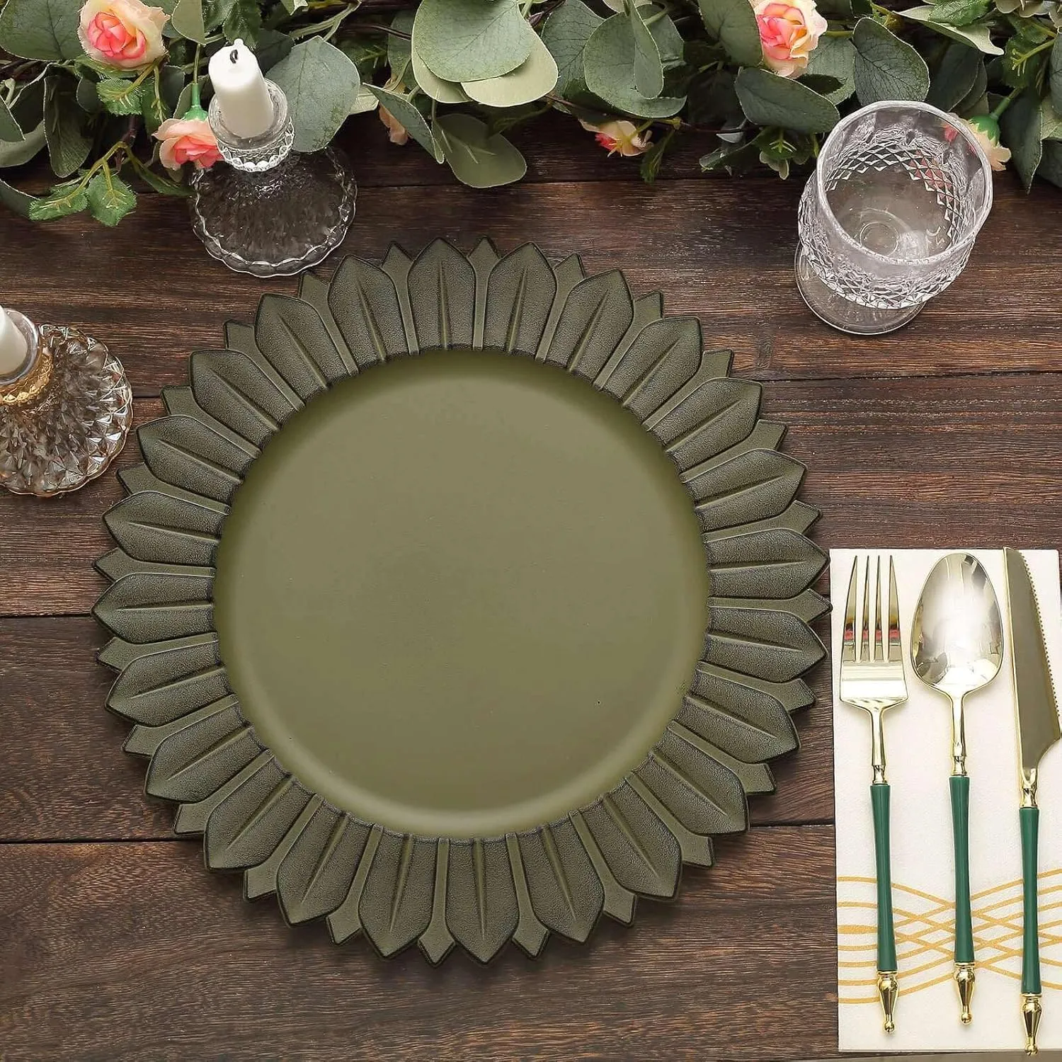 Efavormart 12-Pack Plastic Charger Plates 13" Round Olive Green with Sunflower Rim - Matte Finish Disposable Dinner Charger Tableware