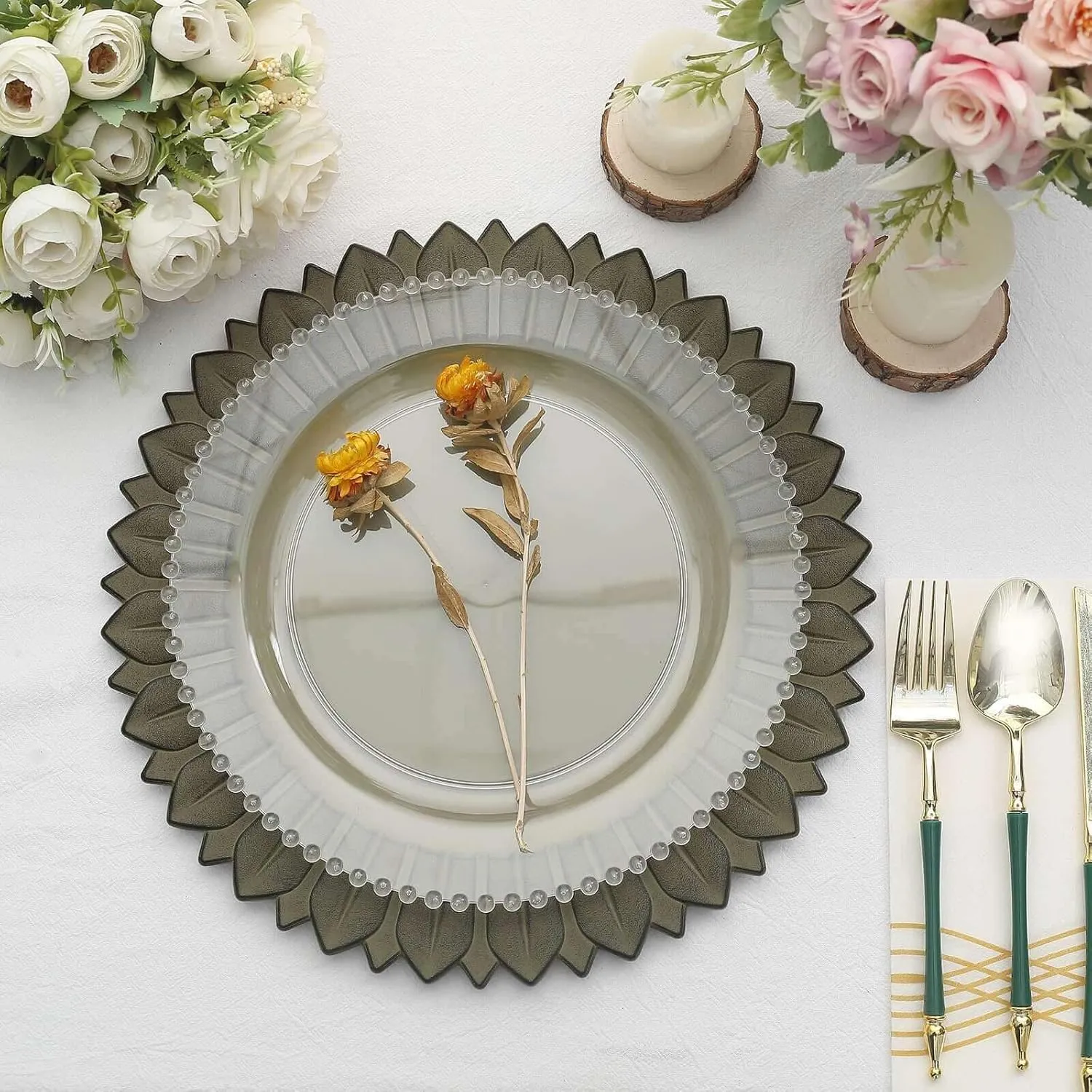 Efavormart 12-Pack Plastic Charger Plates 13" Round Olive Green with Sunflower Rim - Matte Finish Disposable Dinner Charger Tableware