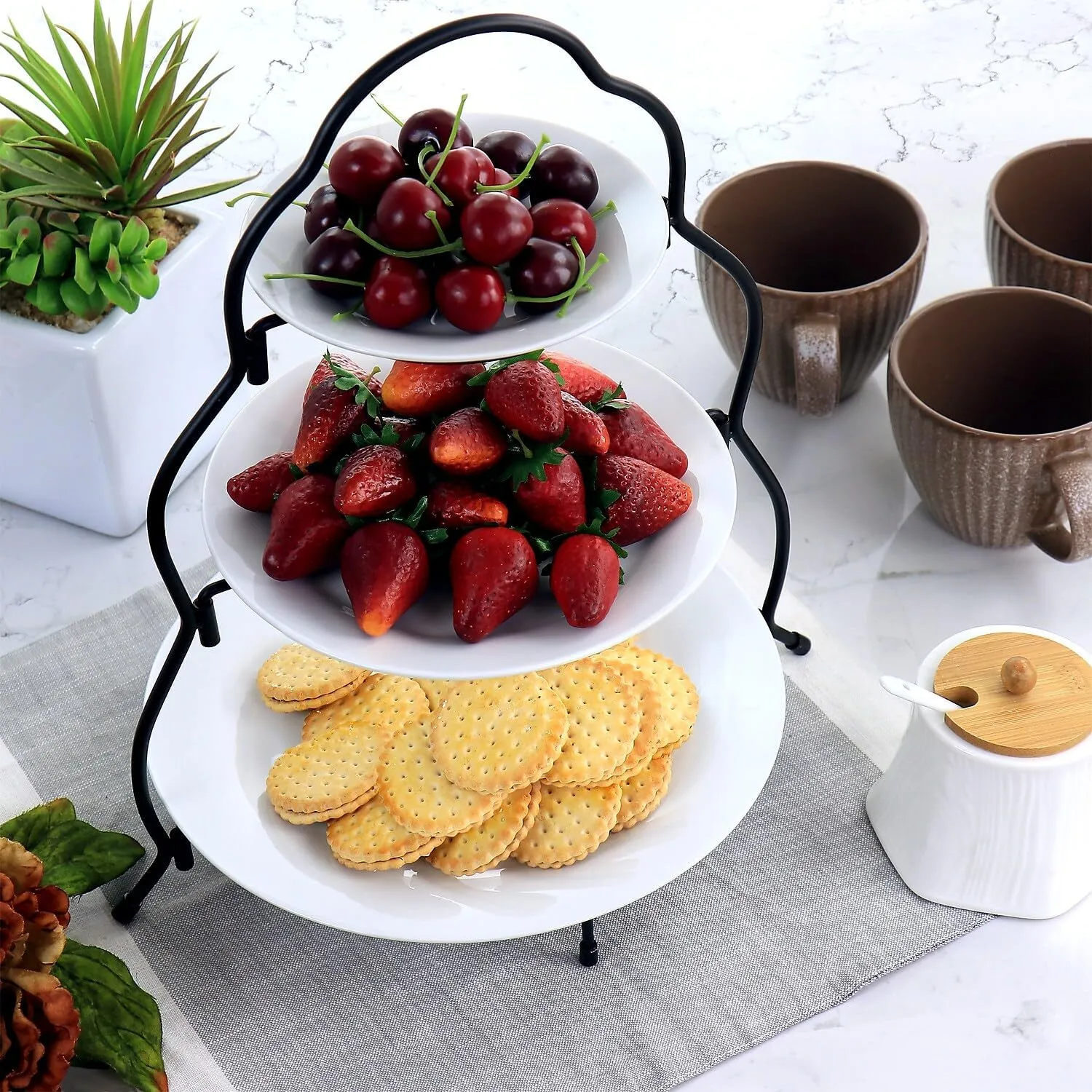 Elama Ceramic Stoneware Condiment Appetizer Set, 4 Piece, 3 Tier Porcelain and Metal 1