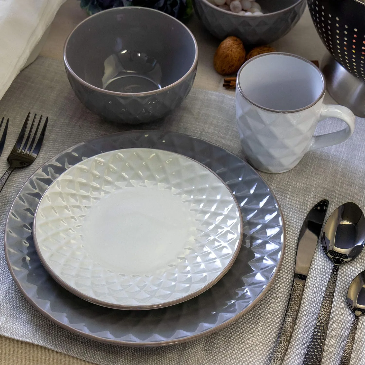 Elama Round Tahitian Stoneware Collection Dinnerware Dish Set, 16 Piece, Slate and Pearl