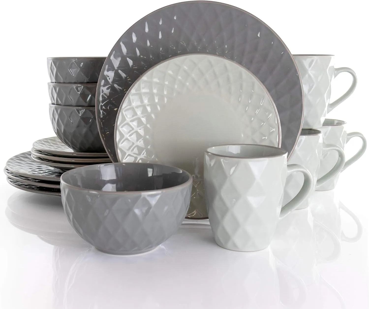 Elama Round Tahitian Stoneware Collection Dinnerware Dish Set, 16 Piece, Slate and Pearl