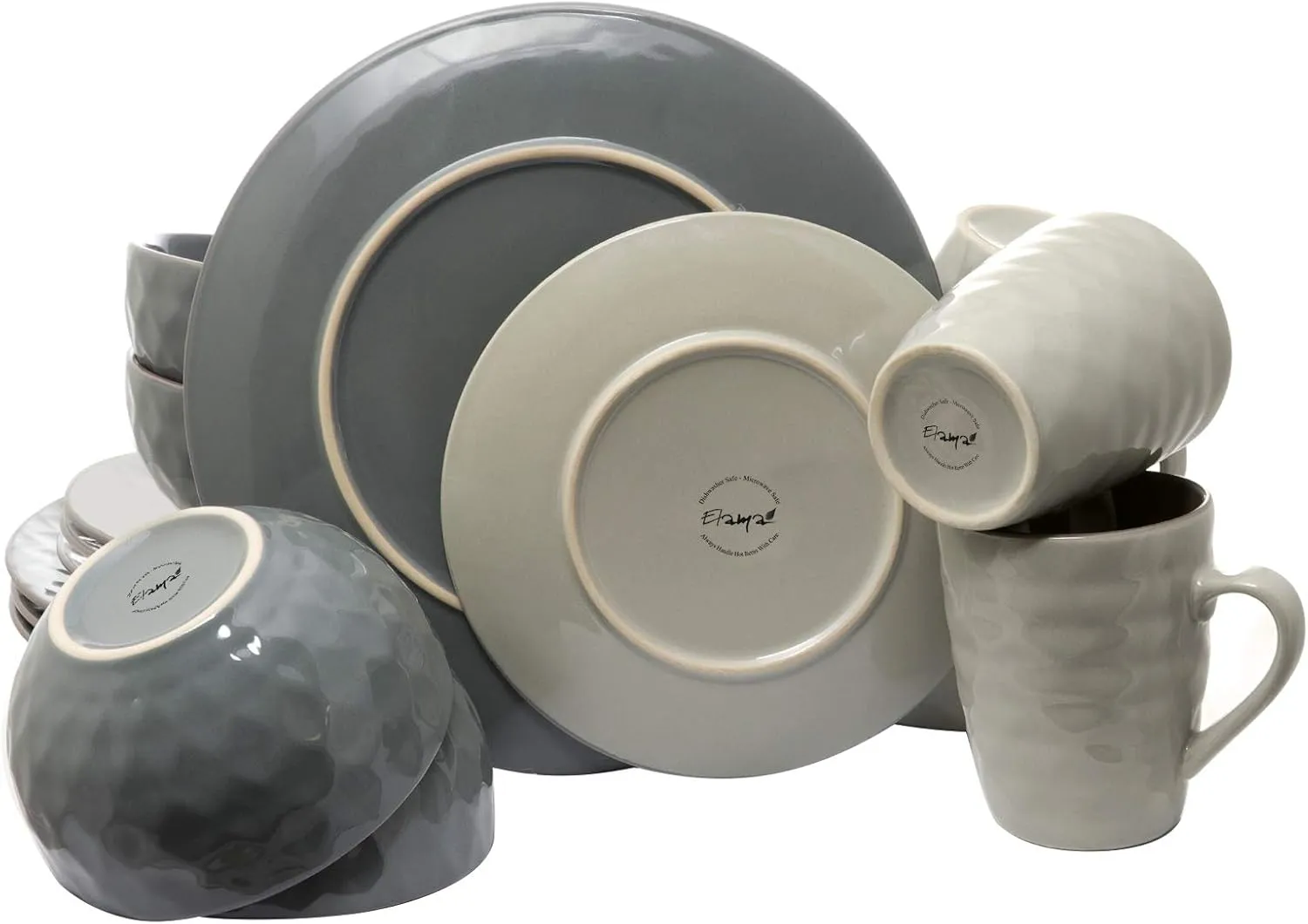 Elama Round Tahitian Stoneware Pearl Collection Dinnerware Dish Set, 16 Piece, Slate and Stone Gray