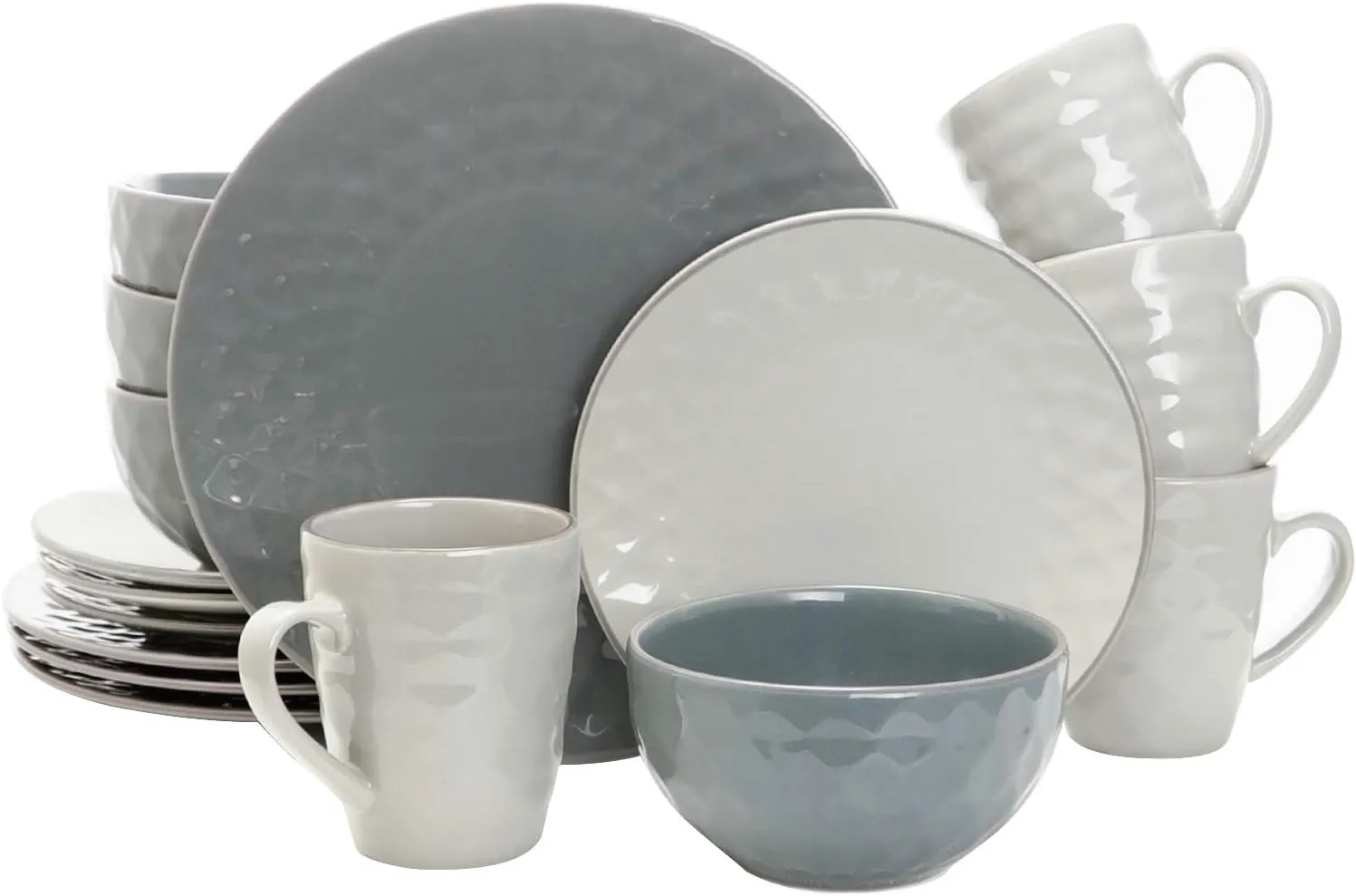 Elama Round Tahitian Stoneware Pearl Collection Dinnerware Dish Set, 16 Piece, Slate and Stone Gray