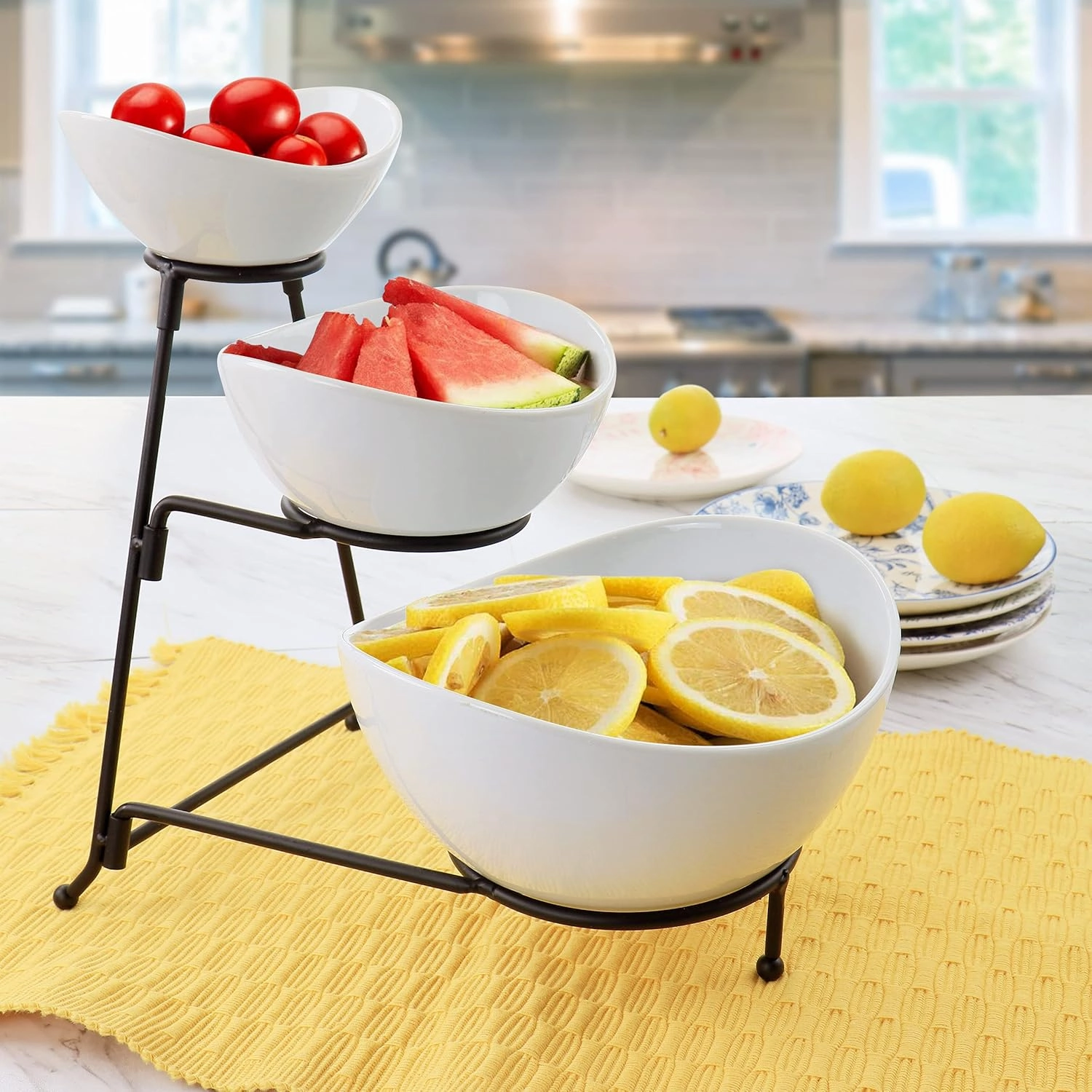Elama Ceramic Stoneware Condiment Appetizer Set, 4 Piece, 3 Tier Porcelain and Metal 2