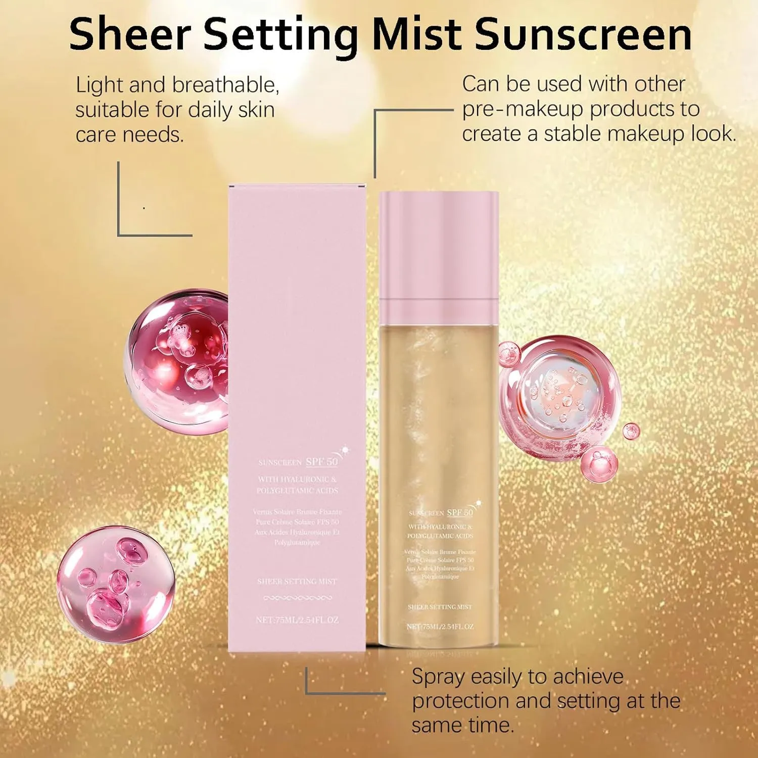 Elaria Sheer Setting Mist Sunscreen SPF 50,Hydrating Makeup-Friendly Glow Spray for Face & Body,Weightless Mist That Sets Makeup Flawlessly,Long Lasting (2)
