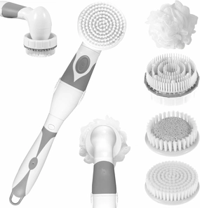 Electric Body Brush with 4 Replacement Heads, Battery Operated, Long Handle Vibrating Face and Body Brush, IPX6 Waterproof Massaging Bath Brush for Men Women Shower Bathing Cleansing
