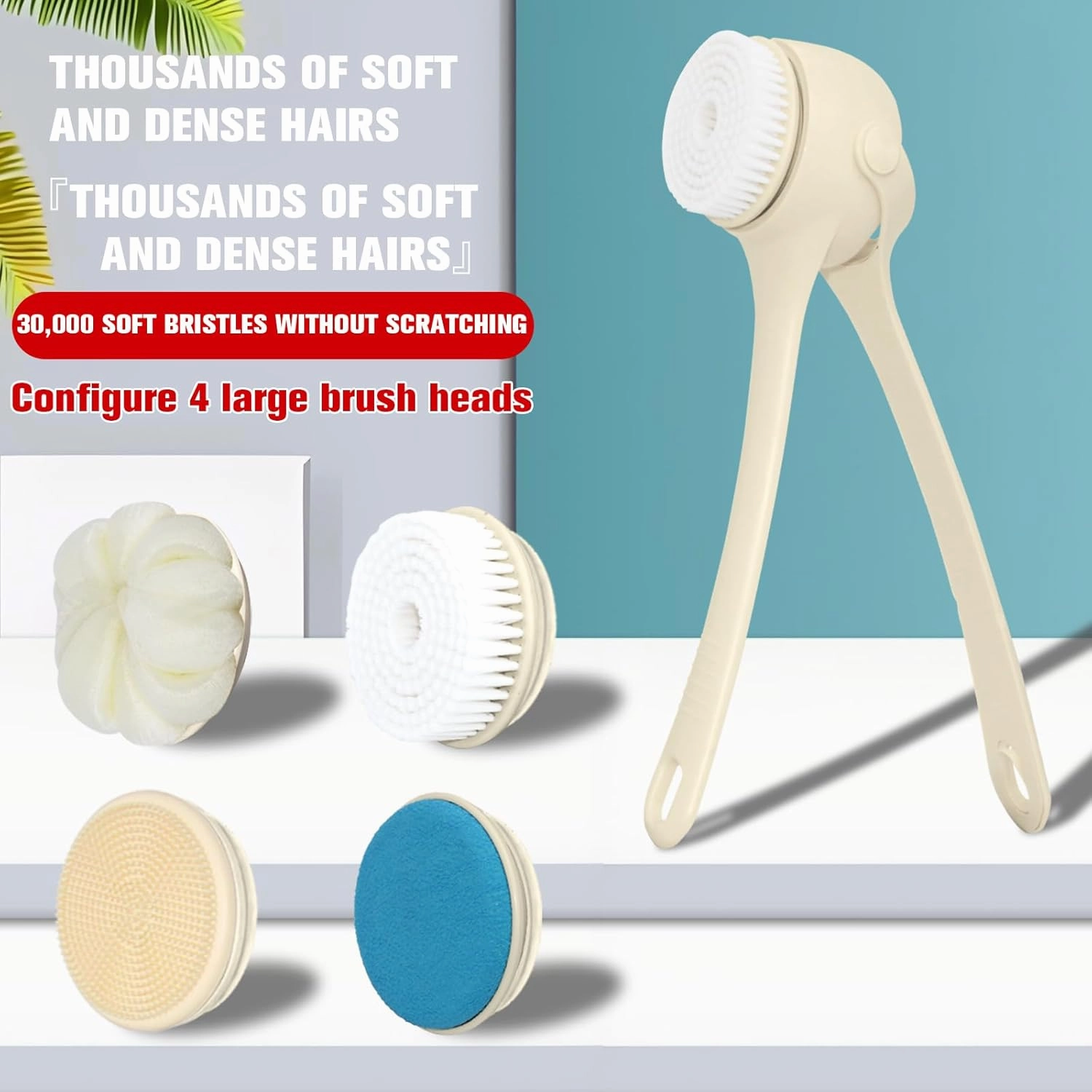 Electric Shower Brush, Electric Body Scrubber, Double Long Handle, deep Cleaning, IPX7 Waterproof, 4 Head, Silicone Body Scrubber (Milk Coffee)