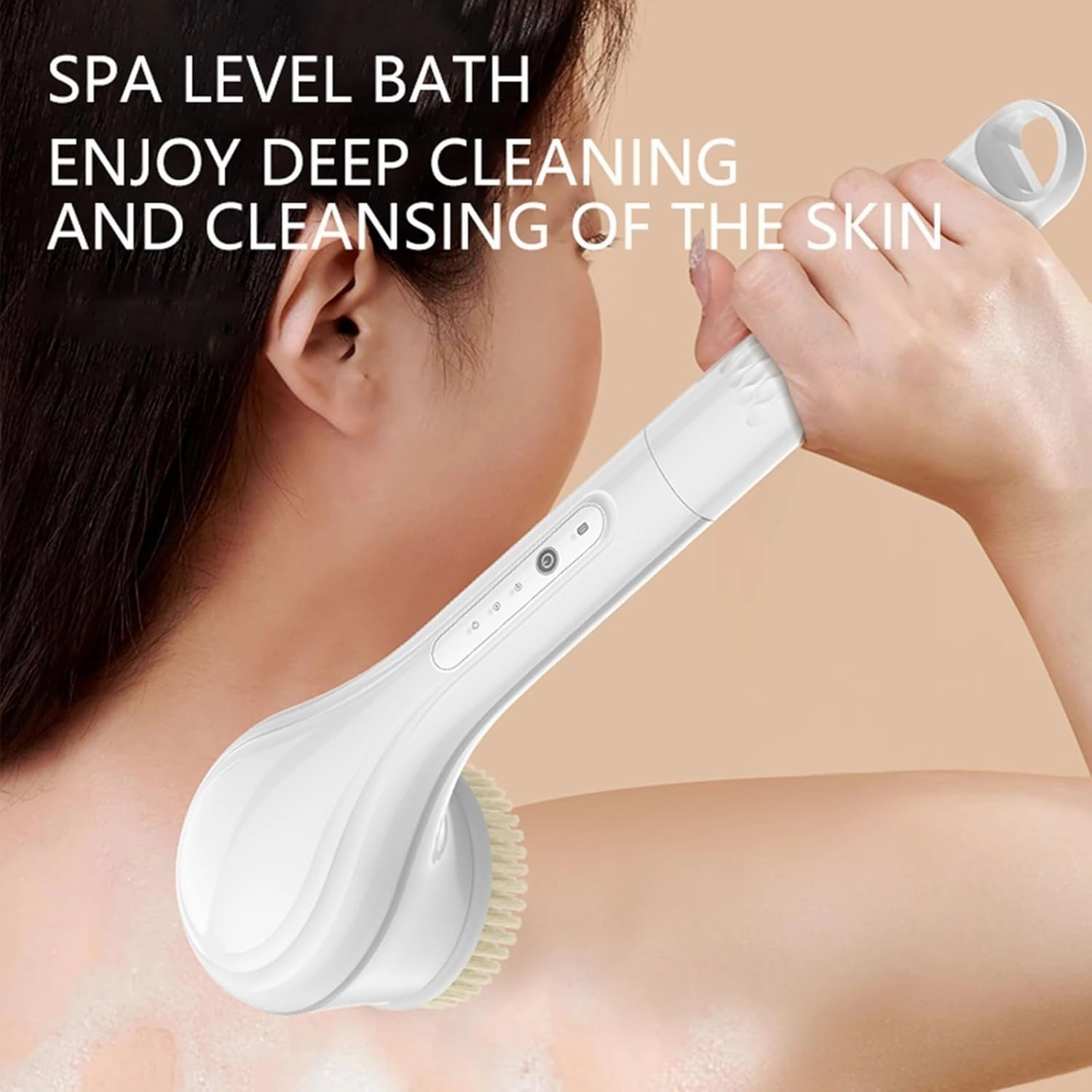 Electric Shower Brush, Rechargeable Back Massage Body Brush for Shower, Long Handled Scrub Shower Brush, Rotating Skin Brush with 6 Brush Heads, Back Lotion Applicator (White)