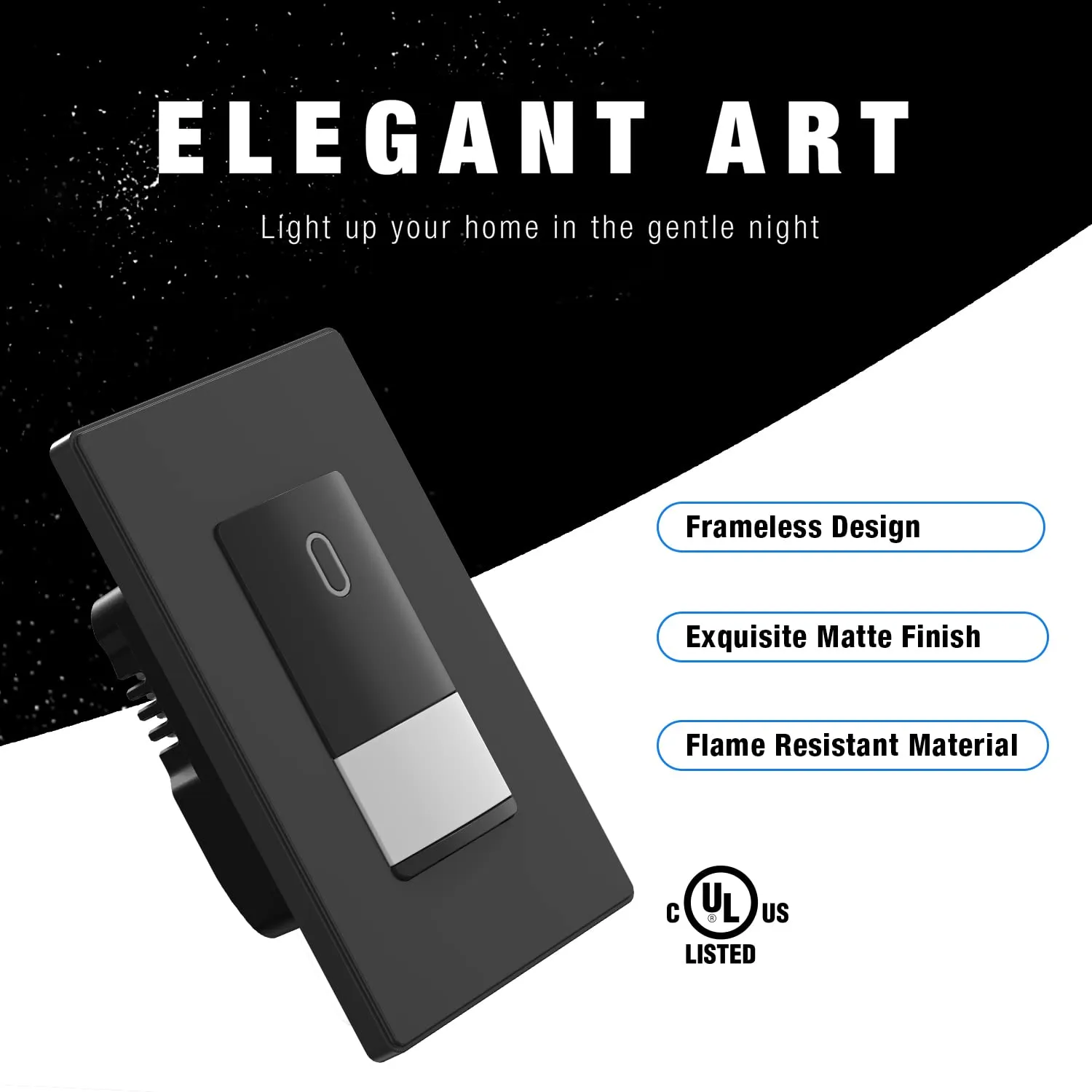 ELEGRP Occupancy Motion Sensor Light Switch, PIR Infrared Motion Activated Wall Switch, No Neutral Wire, Single Pole for CFL/LED/Incandescent Bulb, Wall Plate Included, UL Listed (2 Pack, Matte Black)