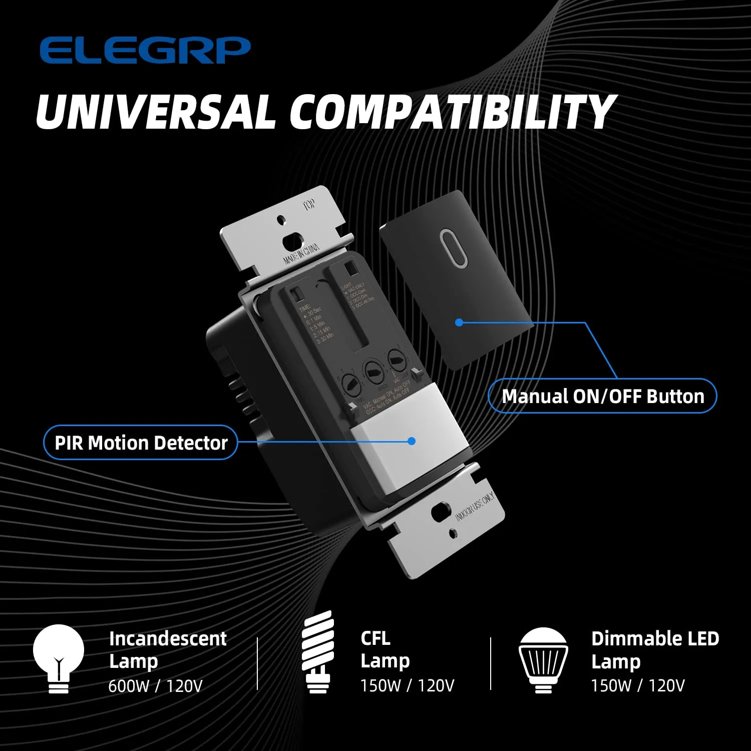 ELEGRP Occupancy Motion Sensor Light Switch, PIR Infrared Motion Activated Wall Switch, No Neutral Wire, Single Pole for CFL/LED/Incandescent Bulb, Wall Plate Included, UL Listed (2 Pack, Matte Black)