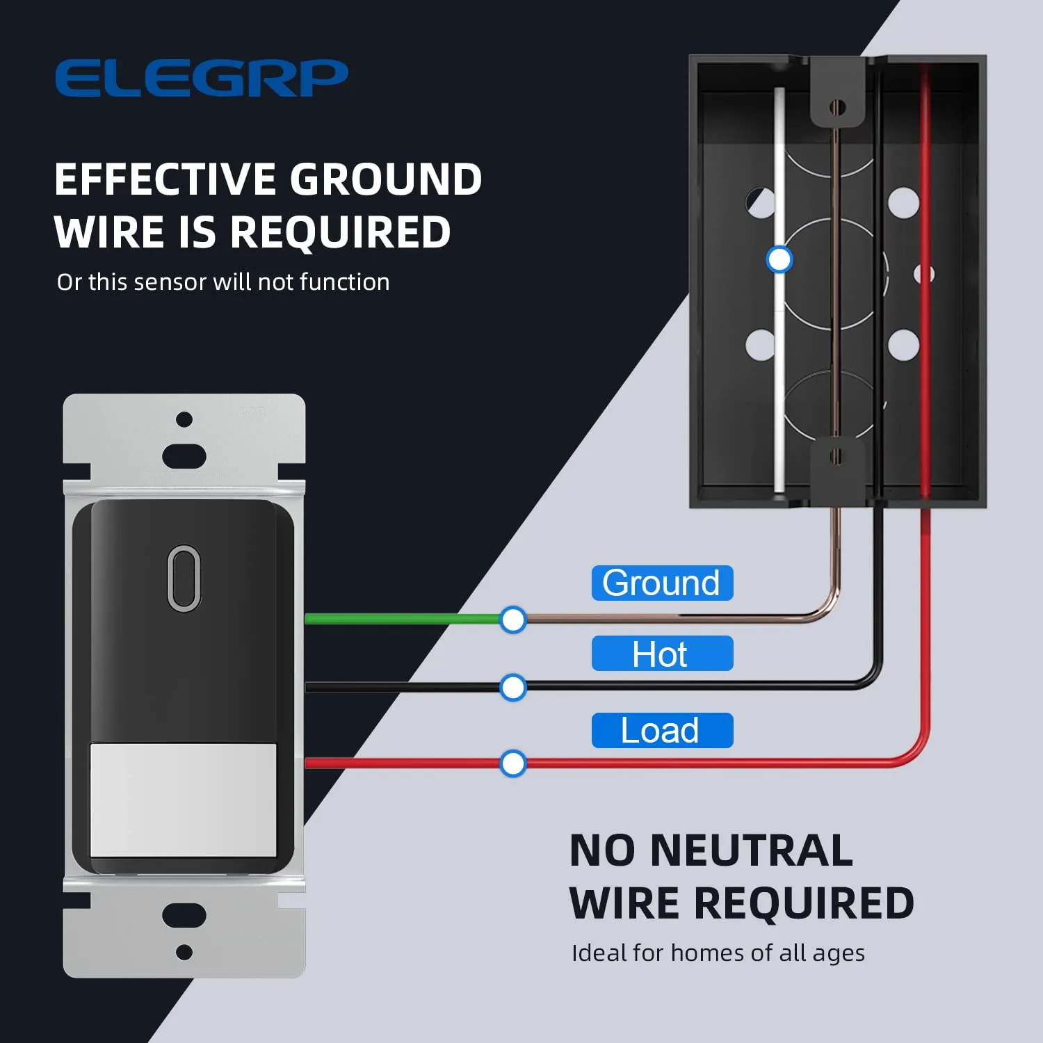 ELEGRP Occupancy Motion Sensor Light Switch, PIR Infrared Motion Activated Wall Switch, No Neutral Wire, Single Pole for CFL/LED/Incandescent Bulb, Wall Plate Included, UL Listed (2 Pack, Matte Black)