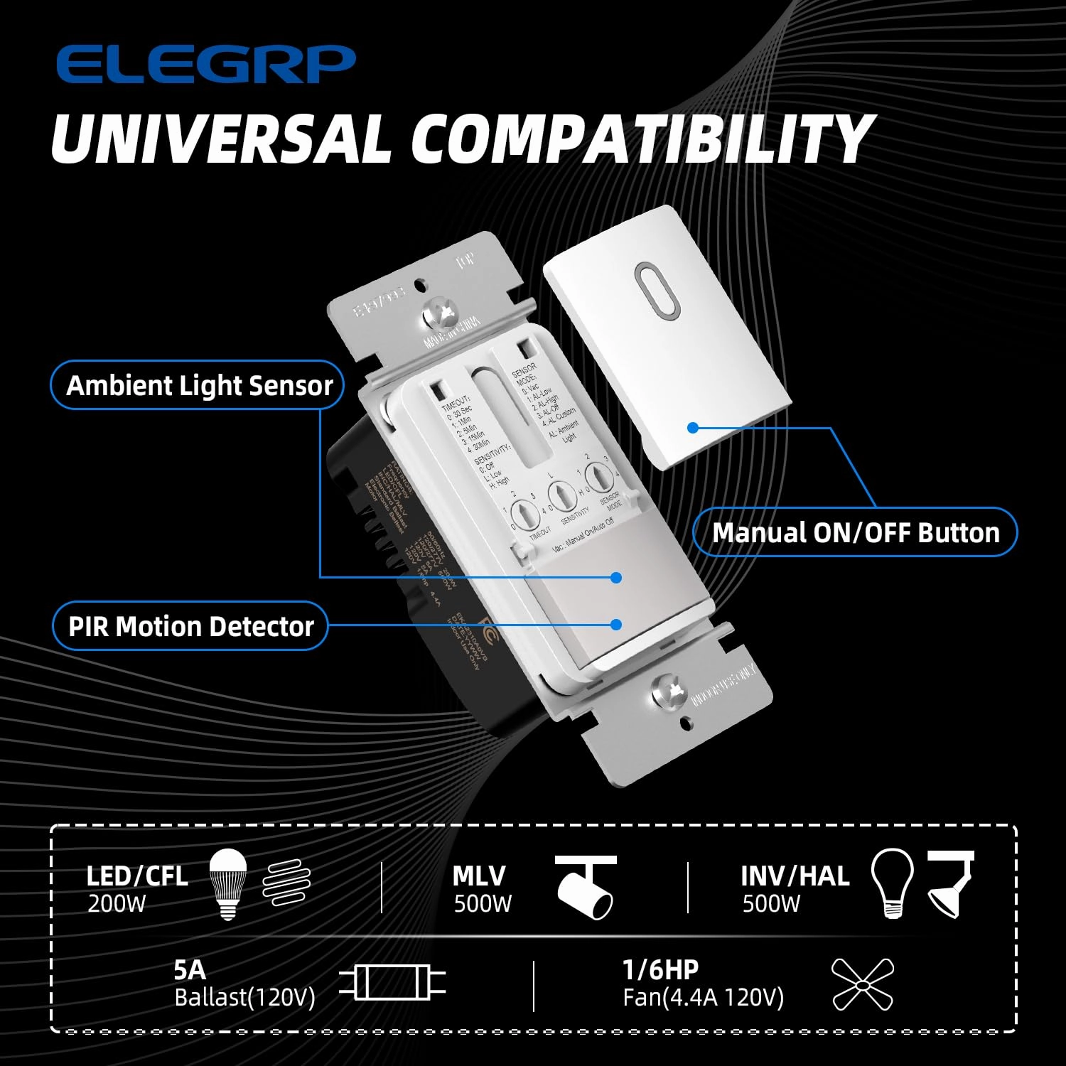 ELEGRP Matte White Single Pole Occupancy Motion Sensor Light Switch, Need Neutral Wire, 120° Sensor Coverage PIR Infrared Motion Activated, for CFL/LED/MLV/INC/HAL/Fan, UL,1 Pack