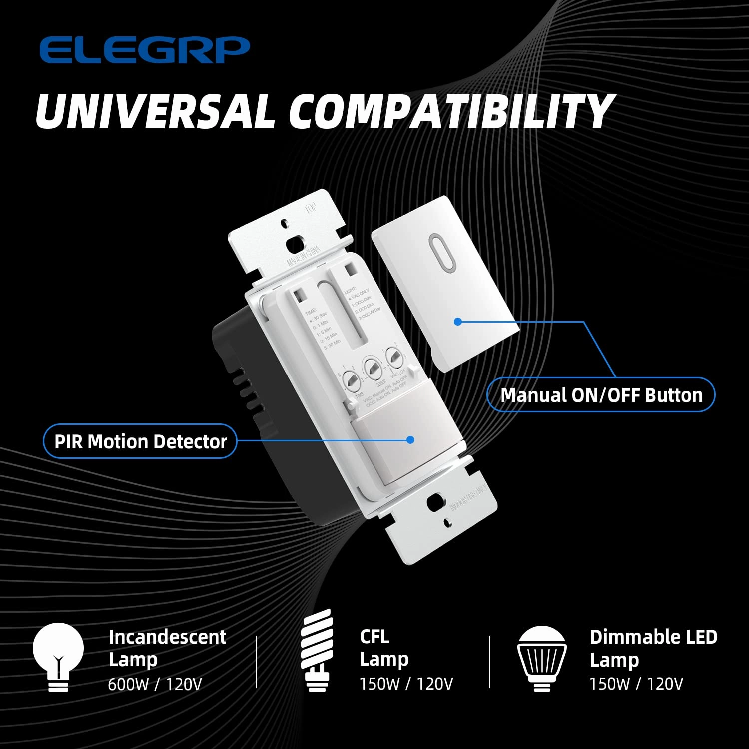 ELEGRP Occupancy Motion Sensor Light Switch, PIR Infrared Motion Activated Wall Switch, No Neutral Wire, Single Pole for CFL/LED/Incandescent Bulb, Wall Plate Included, UL Listed (6 Pack, Matte White)