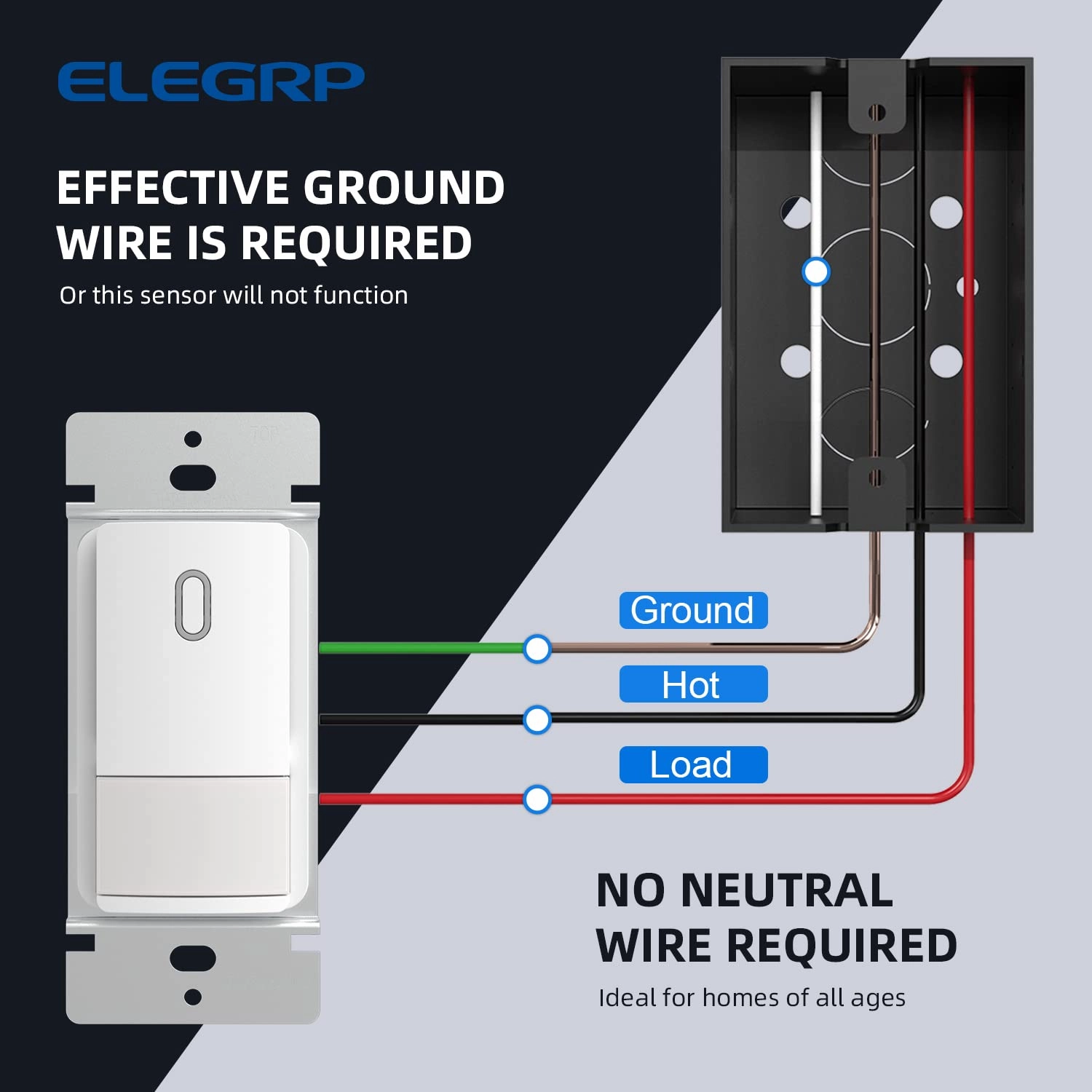 ELEGRP Occupancy Motion Sensor Light Switch, PIR Infrared Motion Activated Wall Switch, No Neutral Wire, Single Pole for CFL/LED/Incandescent Bulb, Wall Plate Included, UL Listed (6 Pack, Matte White)
