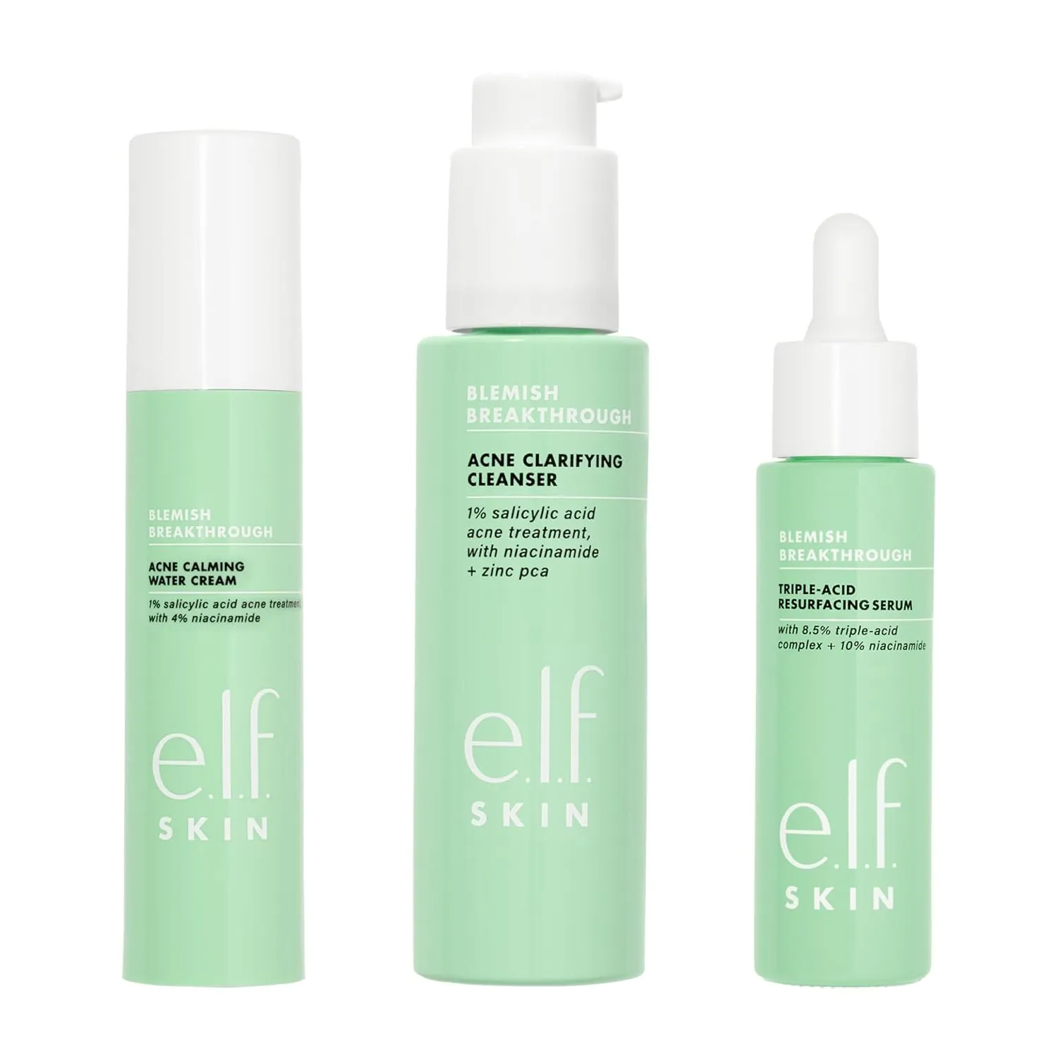 e.l.f. SKIN Blemish Breakthrough Routine, Set of 3, Includes Calming Water Cream, Clarifying Cleanser & Triple-Acid Resurfacing Serum