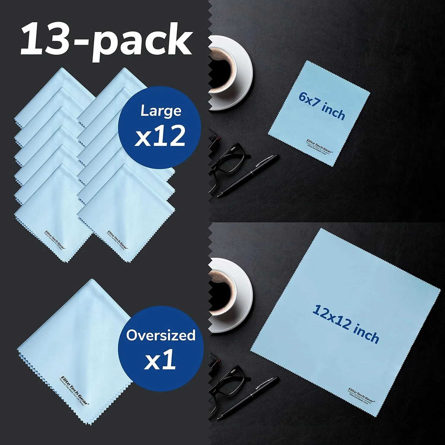 Elite Tech Gear Microfiber Cloth - 13-Pack Oversized Microfiber Cleaning Cloths. Washable High Tech Eyeglass Cleaning Cloths for Electronics, Glasses, Screens and Lenses. Sizes 6" x 7" and 12" x 12"