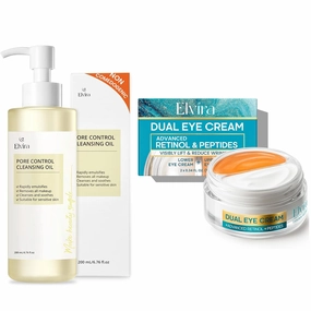 Elvira Cleansing Oil & Dual Eye Cream Set – Fragrance-Free Makeup Remover   Anti-Aging Eye Cream with Retinol, Peptides & Caffeine for Sensitive Skin, Blackheads, Dark Circles & Puffiness