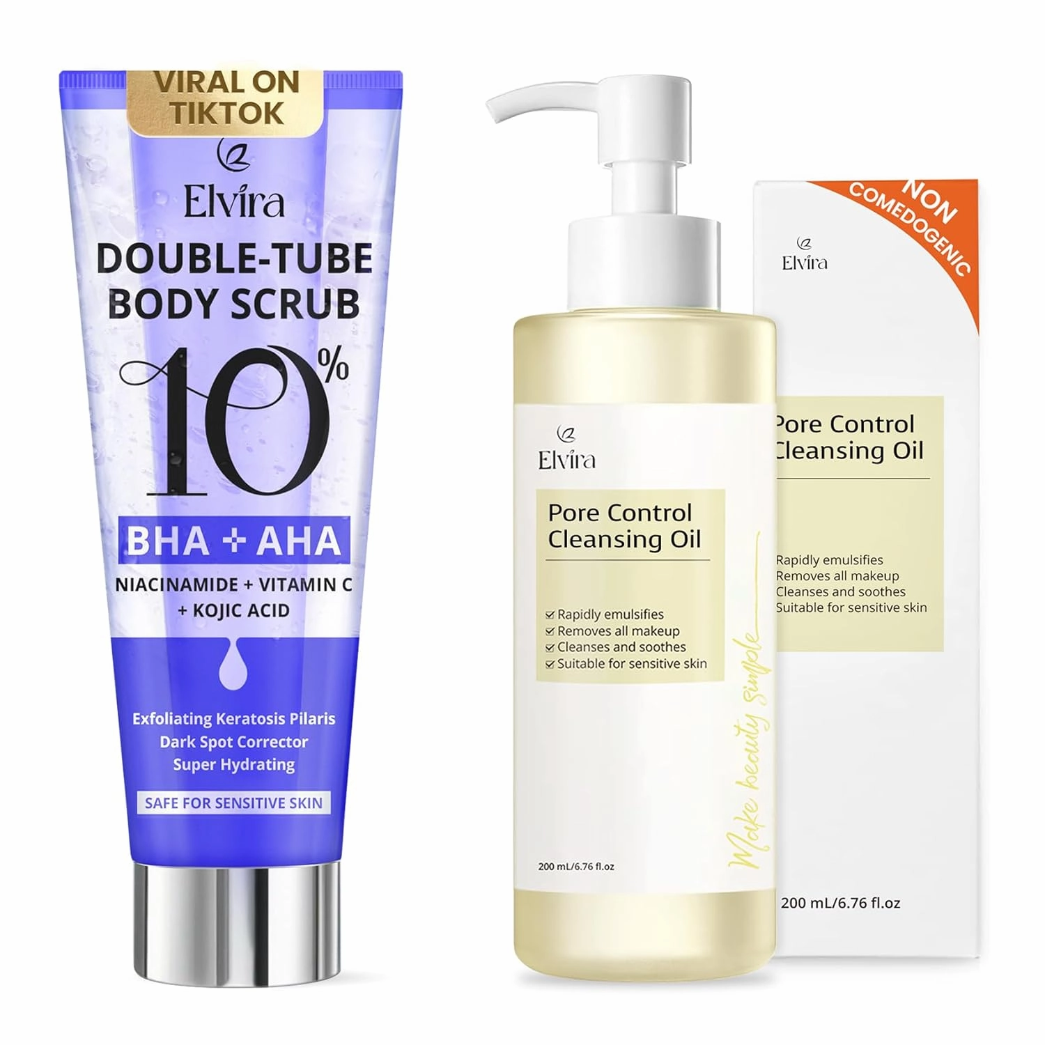 Elvira KP Bump Eraser Scrub & Pore Control Cleansing Oil Set – Exfoliating Body Scrub with 10% AHA BHA & Niacinamide   Makeup Remover for Sensitive Skin