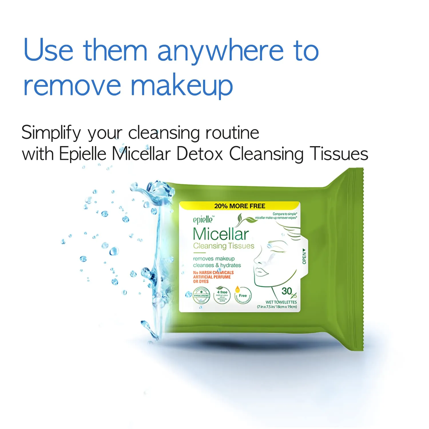 Epielle Micellar Makeup Cleansing Wipes | Gentle, Hypoallergenic, Alcohol-Free | Suitable for All Skin Types | 30 Towelettes (4-Pack) | Korean Beauty Skincare, Easter Gift