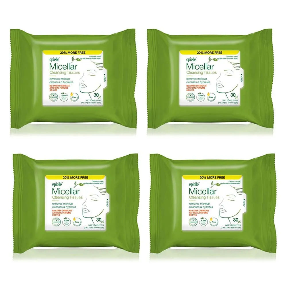 Epielle Micellar Makeup Cleansing Wipes | Gentle, Hypoallergenic, Alcohol-Free | Suitable for All Skin Types | 30 Towelettes (4-Pack) | Korean Beauty Skincare, Easter Gift
