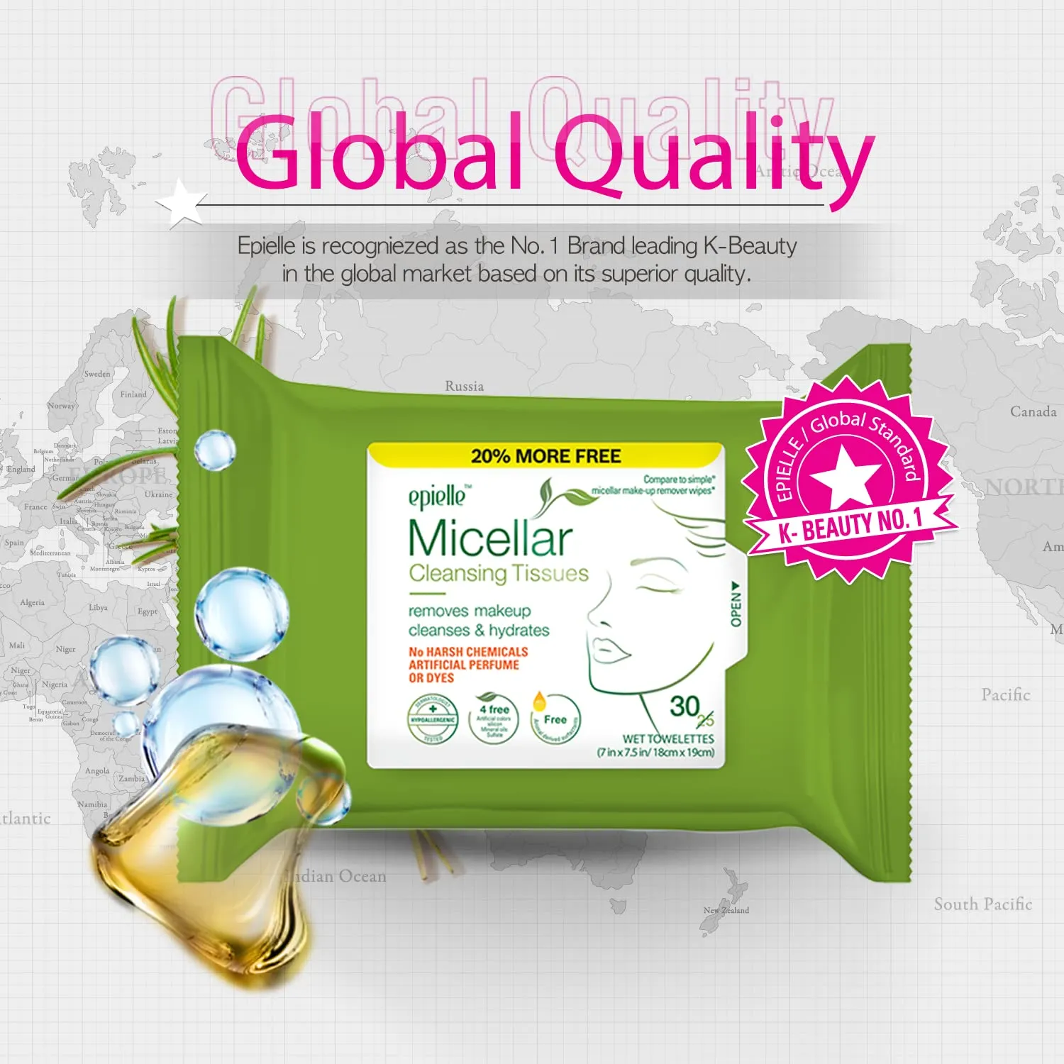Epielle Micellar Makeup Cleansing Wipes | Gentle, Hypoallergenic, Alcohol-Free | Suitable for All Skin Types | 30 Towelettes (4-Pack) | Korean Beauty Skincare, Easter Gift