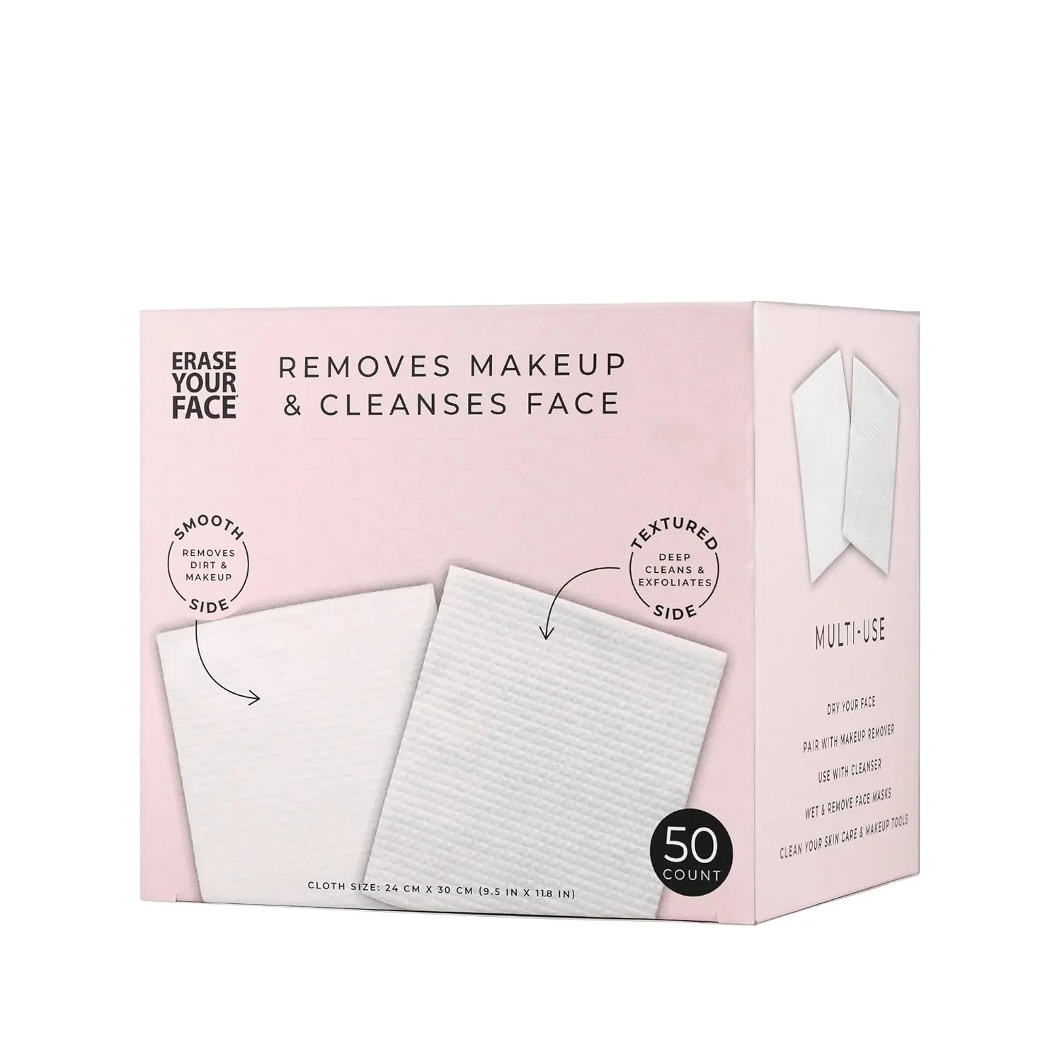 ERASE YOUR FACE Biodegradable Face Cloths - Disposable Face Towels to Cleanse Skin and Remove Makeup, Dirt & Impurities - Reveals a Radiant Complexion - Suitable For All Skin Types - Pink (50 Count)