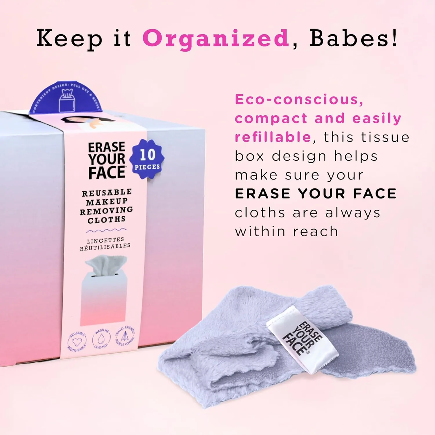 ERASE YOUR FACE Makeup Remover Cloths Box Set - Reusable Microfiber Face Towels to Cleanse & Remove Makeup - Water Activated, Dual-Sided Design for Easy Use - Pink/Blue (10 Count)