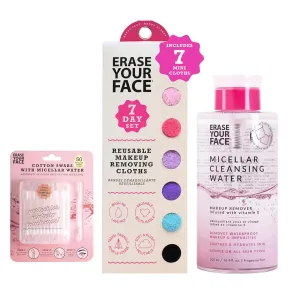 ERASE YOUR FACE Micellar Water   Mini Cloths Bundle - Hydrating Micellar Water & Swabs to Help Remove Makeup, Cleanse Skin - Mini Reusable Microfiber Face Towels - Dual-Sided Design (3 Count)