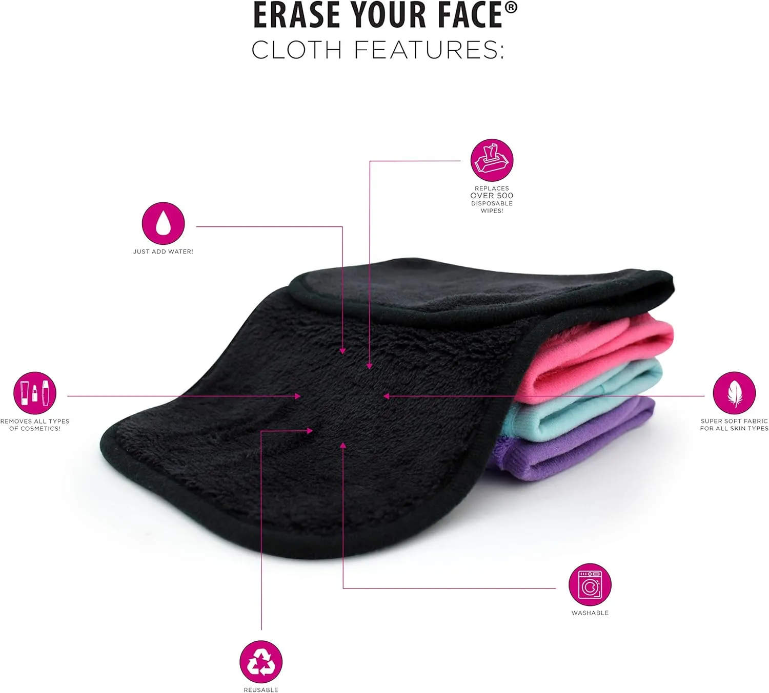 ERASE YOUR FACE Re-usable Makeup Removing Cloth,Pink/Black,8 pack