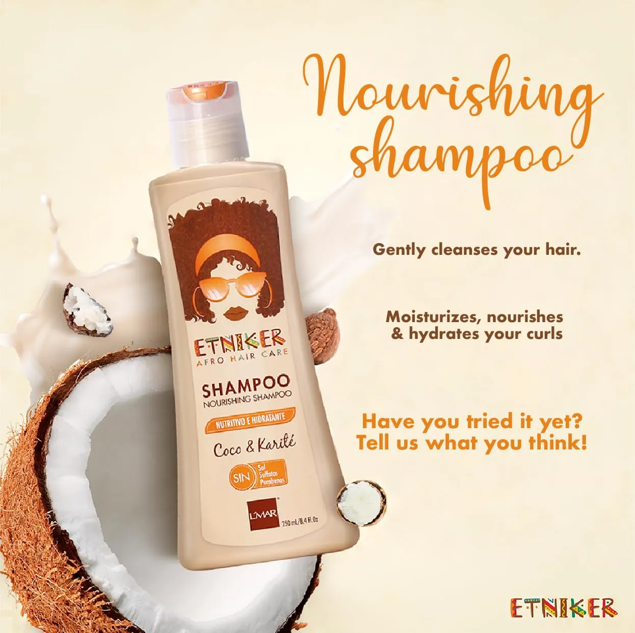 ETNIKER Nourishing Shampoo for Curly & Wavy Hair. Hydrates, Softens & Restores Moisture. Coconut & Shea Butter Formula. Sulfate-Free, Salt & Paraben-Free. Gentle Cleanser for Natural Hair. 8.4 fl oz
