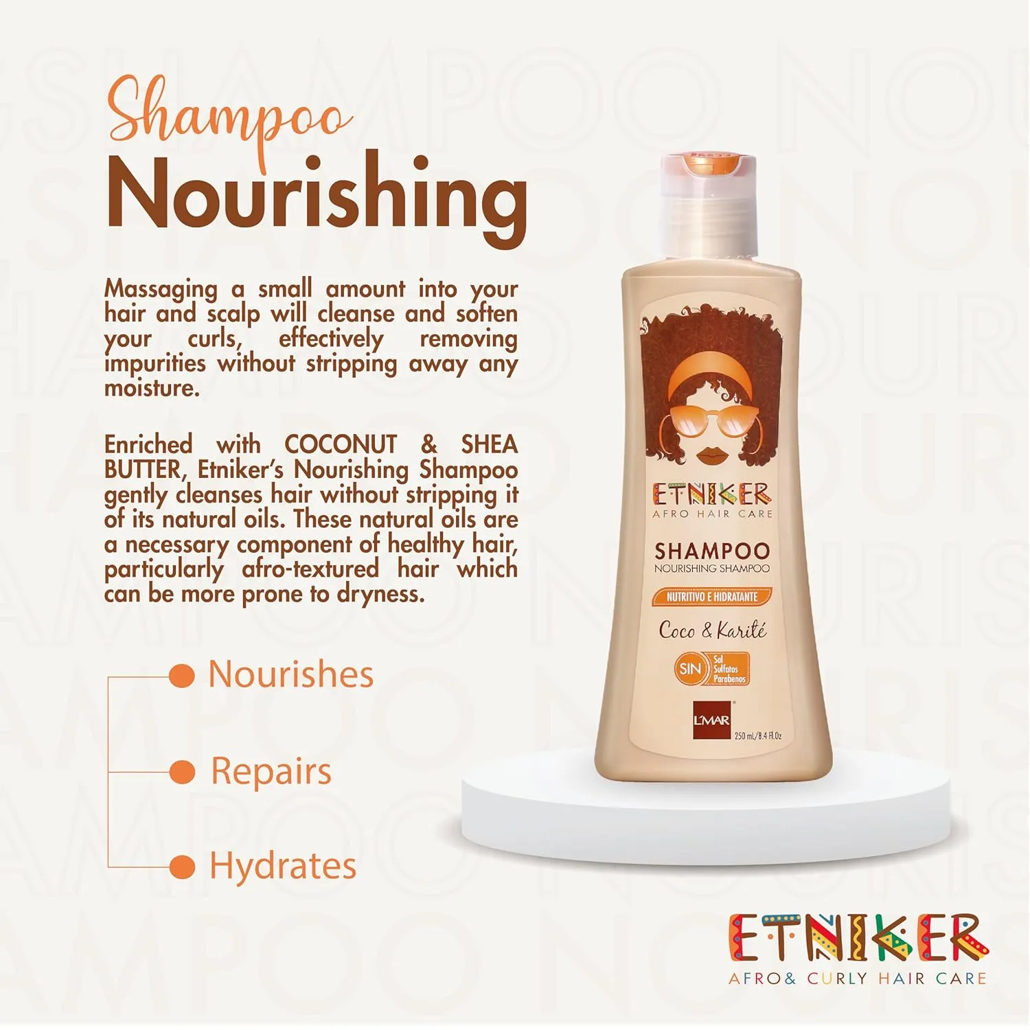 ETNIKER Nourishing Shampoo for Curly & Wavy Hair. Hydrates, Softens & Restores Moisture. Coconut & Shea Butter Formula. Sulfate-Free, Salt & Paraben-Free. Gentle Cleanser for Natural Hair. 8.4 fl oz