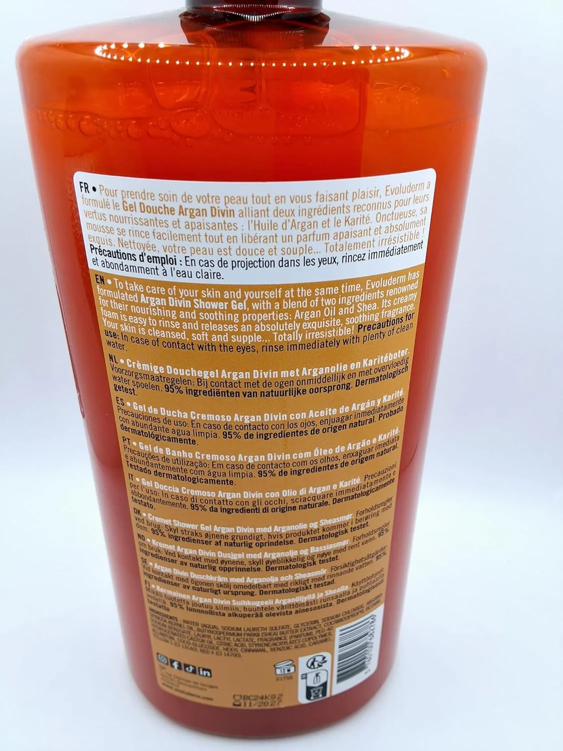 Evoluderm Argan Divin Shower Gel, Vegan Formula, 95% Natural Origin, Soap-Free
