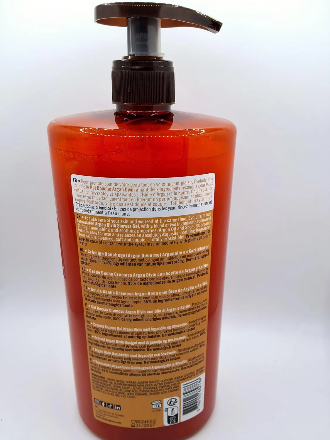 Evoluderm Argan Divin Shower Gel, Vegan Formula, 95% Natural Origin, Soap-Free