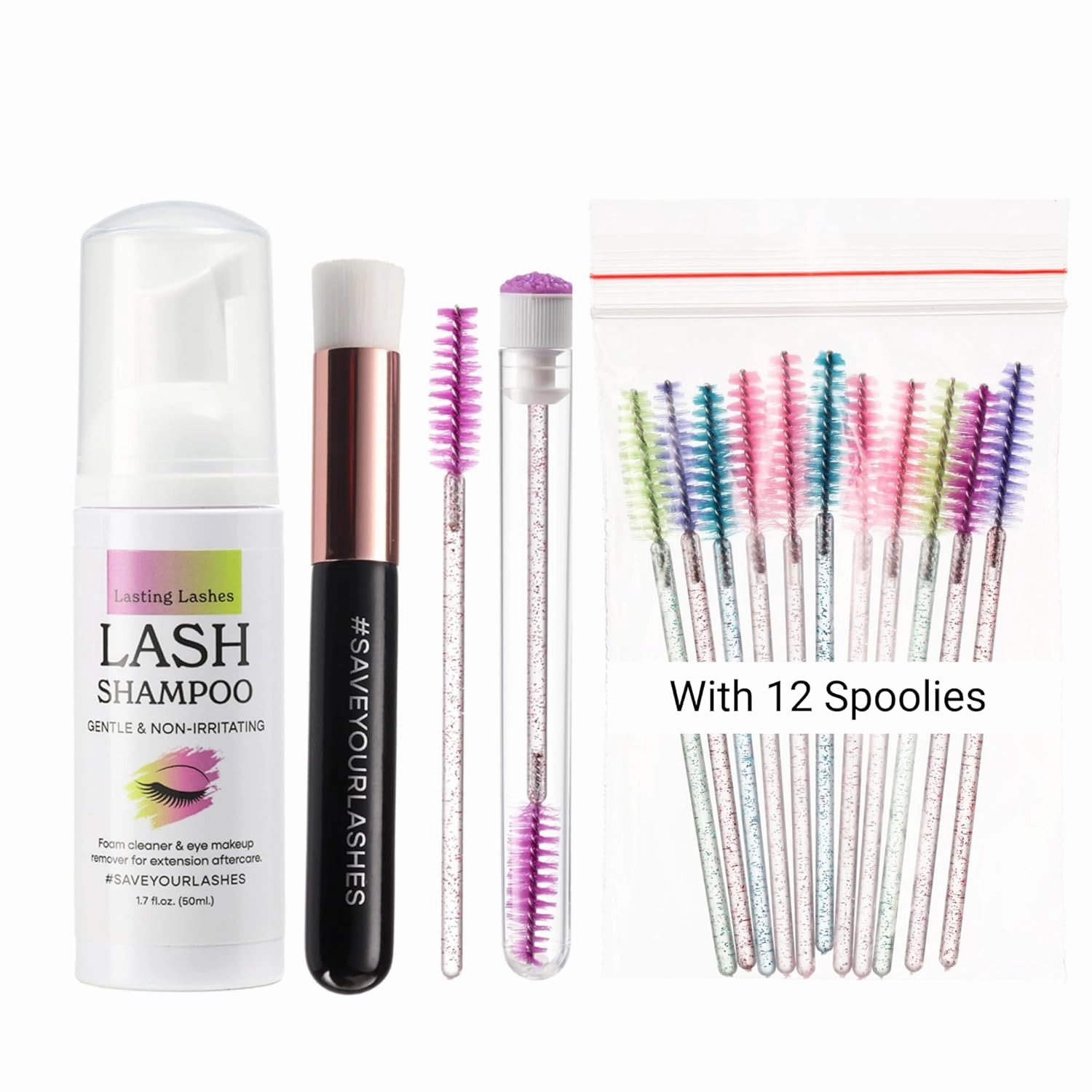Eyelash Extension Shampoo | Eyelash Extension Cleanser with Brush and 12 Spoolies | Safe and Gentle Wash for Extensions and Natural Lashes | 1.7 fl oz 50ml Lash Shampoo