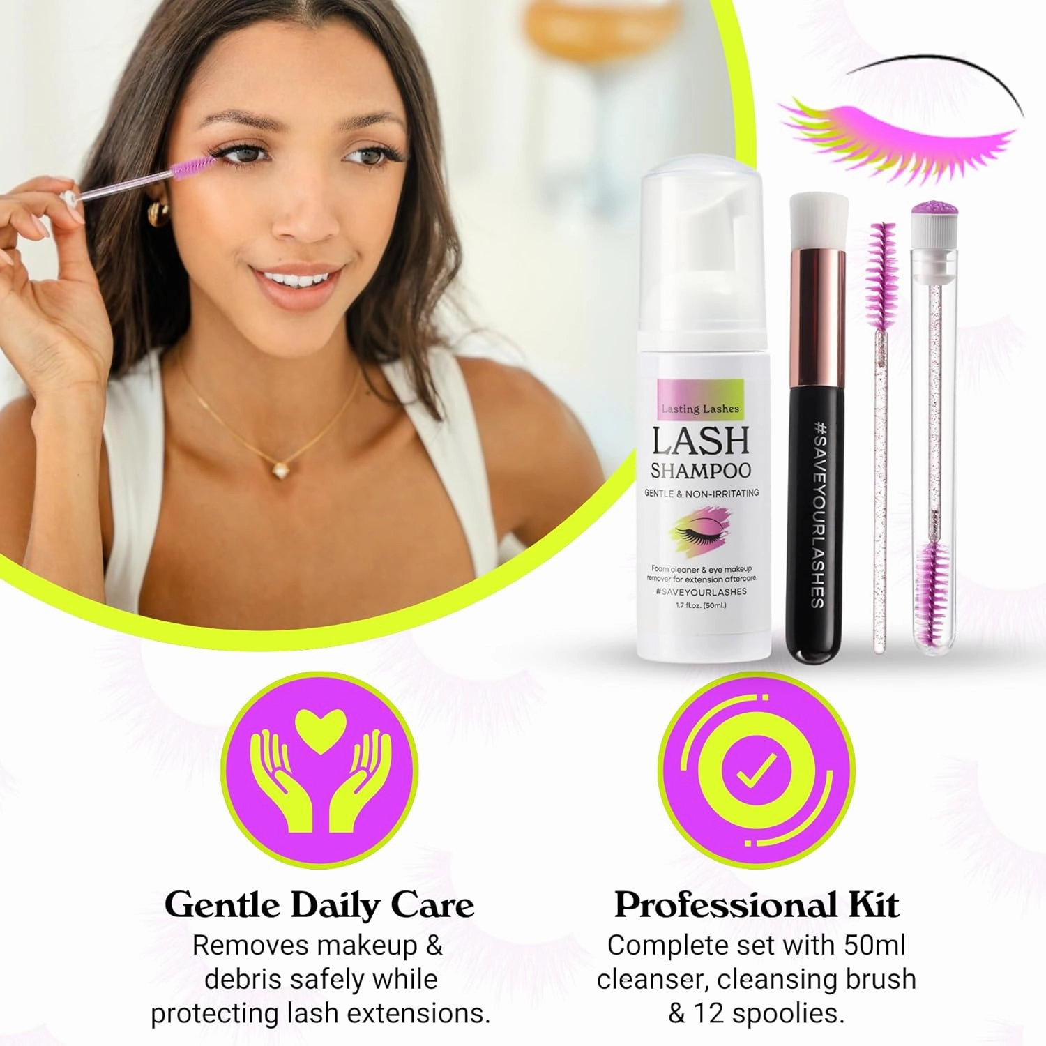 Eyelash Extension Shampoo | Eyelash Extension Cleanser with Brush and 12 Spoolies | Safe and Gentle Wash for Extensions and Natural Lashes | 1.7 fl oz 50ml Lash Shampoo
