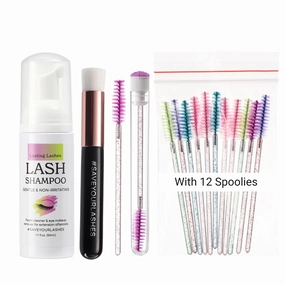 Eyelash Extension Shampoo | Eyelash Extension Cleanser with Brush and 12 Spoolies | Safe and Gentle Wash for Extensions and Natural Lashes | 1.7 fl oz 50ml Lash Shampoo