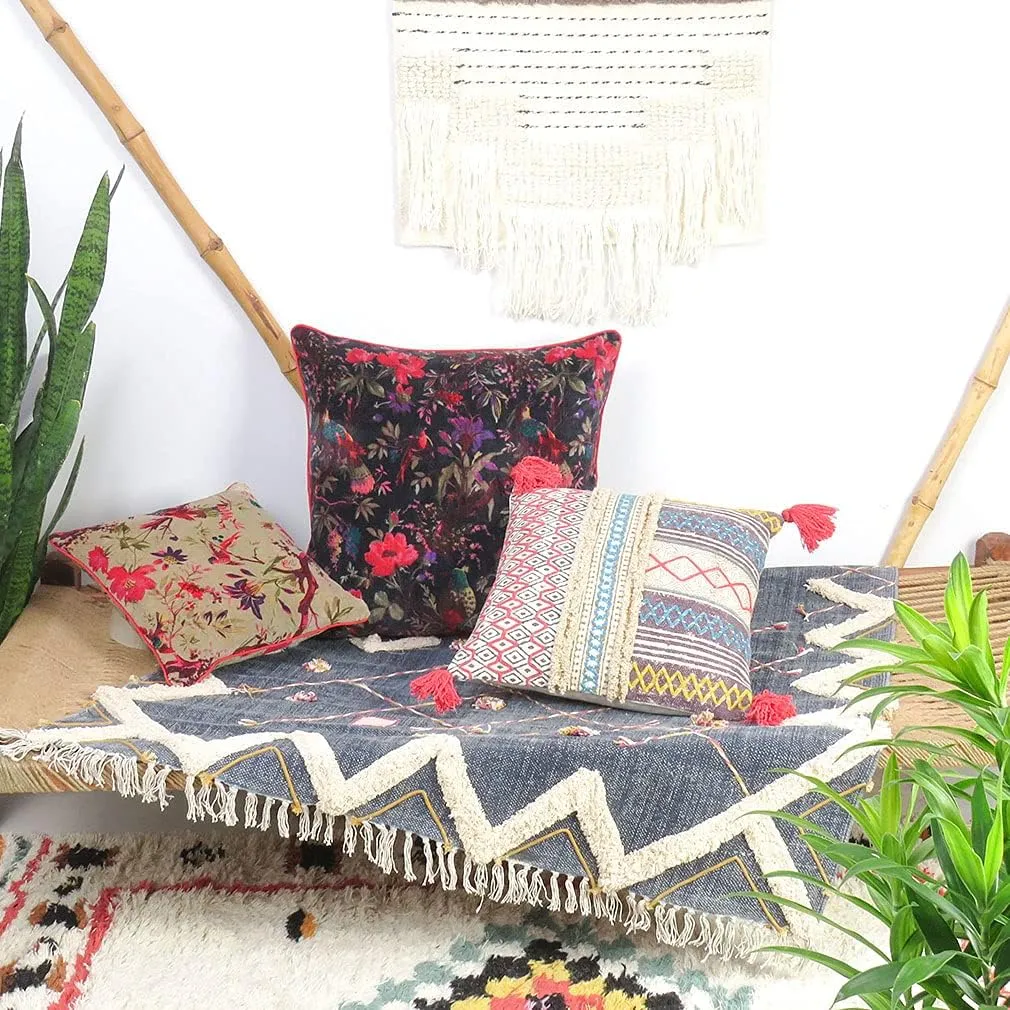 Eyes of India - 24" Black Velvet Floral Flower Bird Colorful Throw Sofa Cushion Couch Pillow Cover Case Boho Chic Bohemian Accent Indian Handmade Cover ONLY