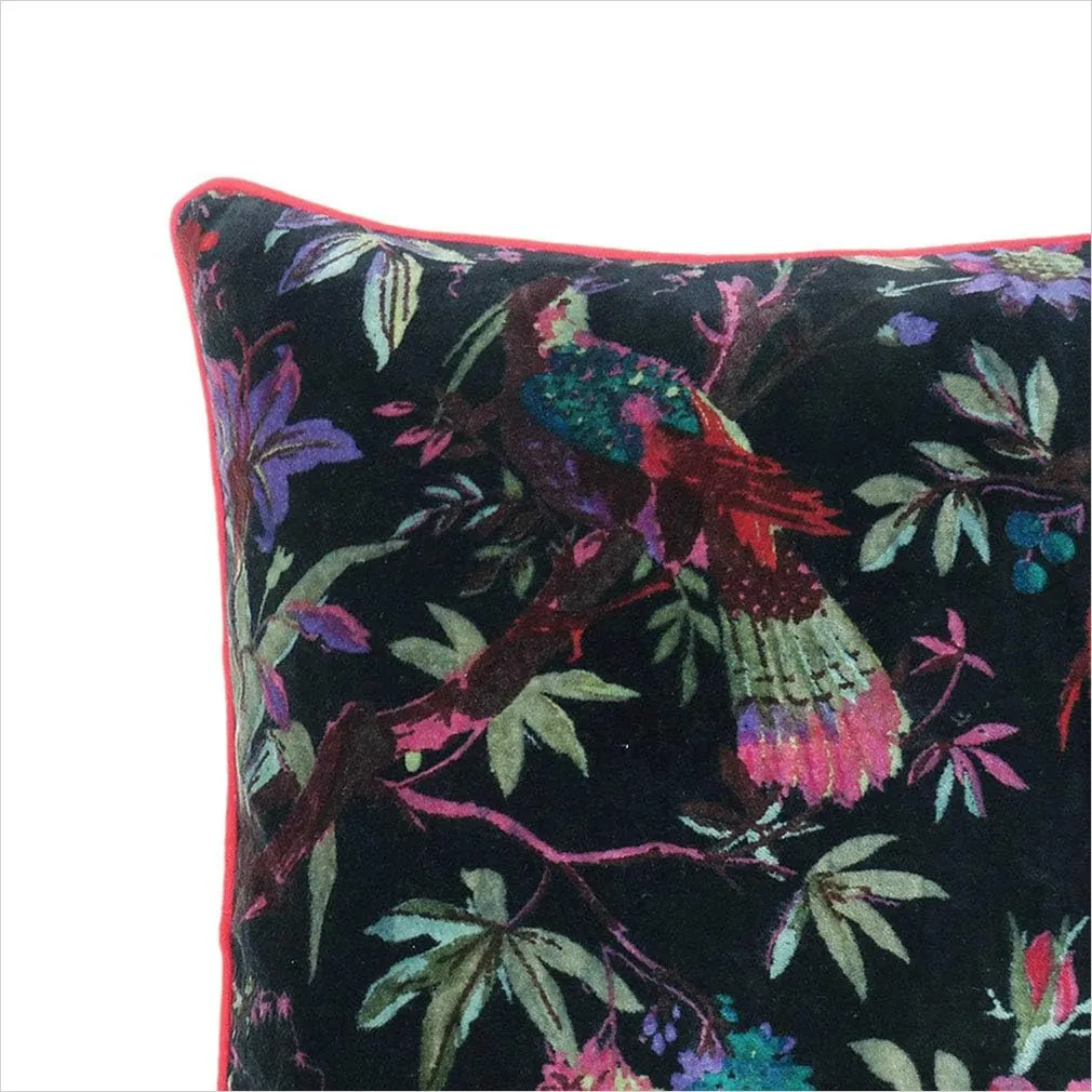 Eyes of India - 24" Black Velvet Floral Flower Bird Colorful Throw Sofa Cushion Couch Pillow Cover Case Boho Chic Bohemian Accent Indian Handmade Cover ONLY