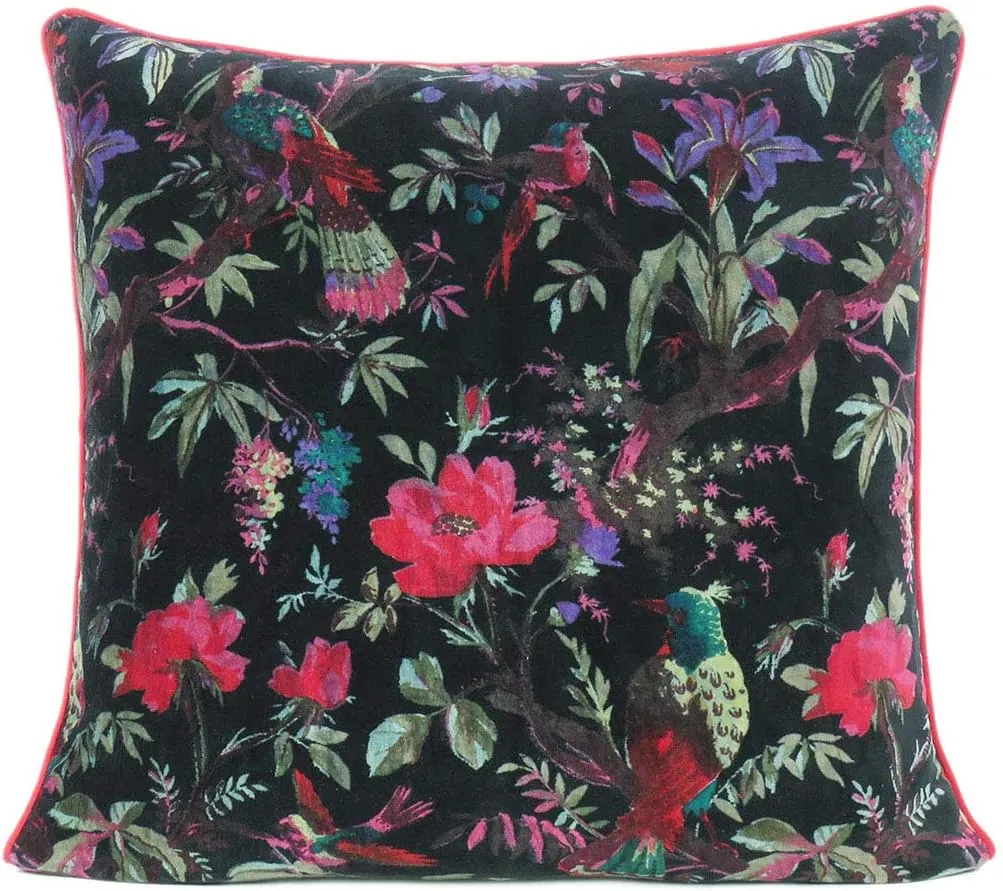 Eyes of India - 24" Black Velvet Floral Flower Bird Colorful Throw Sofa Cushion Couch Pillow Cover Case Boho Chic Bohemian Accent Indian Handmade Cover ONLY