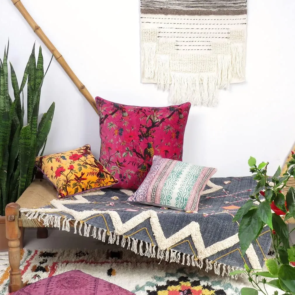 Eyes of India 24x24 inch Burgundy Red Velvet Floral Flower Bird Throw Pillow Sofa Cushion Cover Case Couch Bohemian Accent Colorful Boho Chic Indian Handmade Cover Only